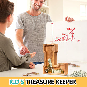 ELX Wooden Piggy Bank for Kids, Personalized Letter Piggy Bank, Safe & Durable Savings Box for Toddlers, Gift for Boys Girls (9'