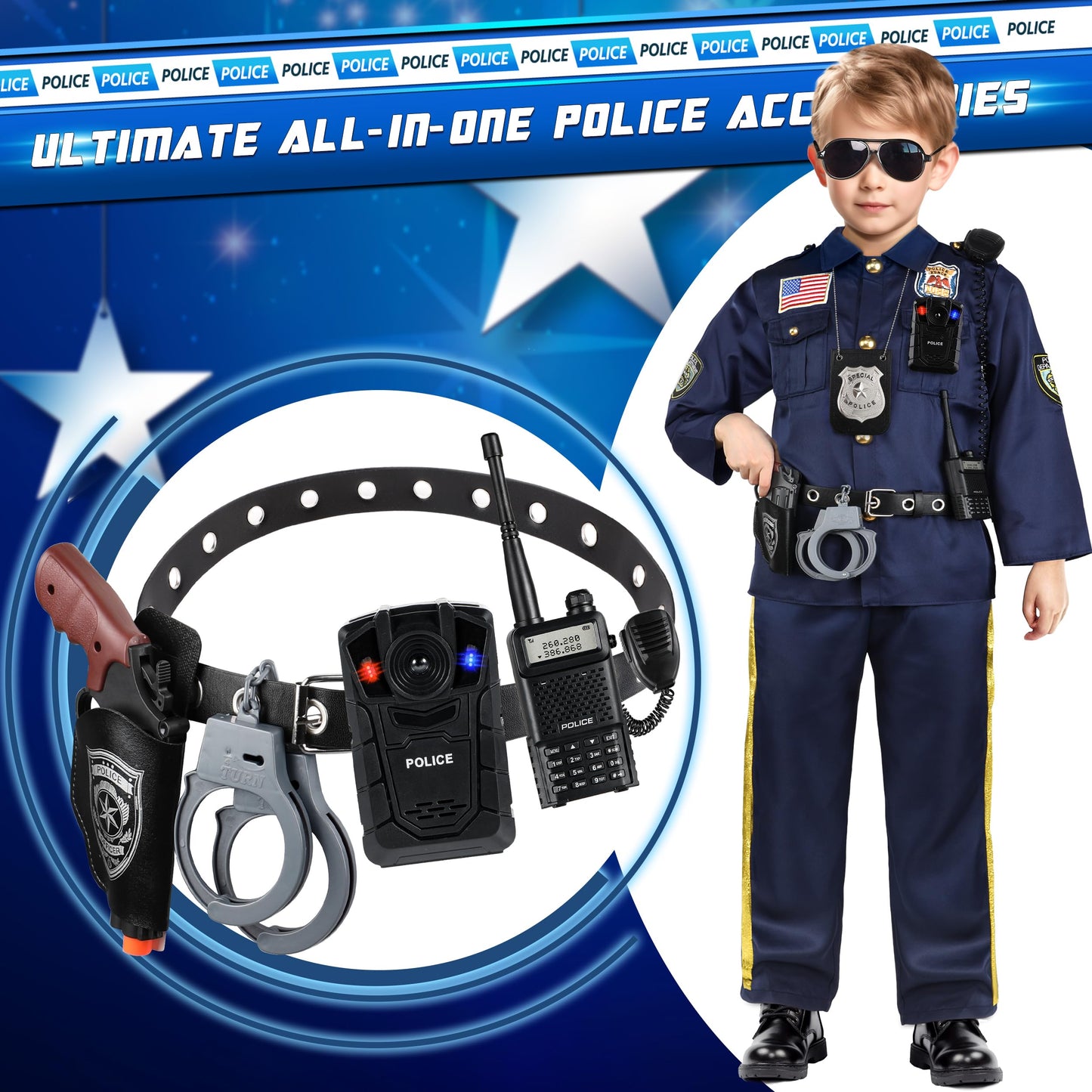 Deluxe All-In-One Police Accessories Role Play Set For Kids, Include Police Badge, Handcuffs, Belt. 8Pcs Cop Accessories, Hallow