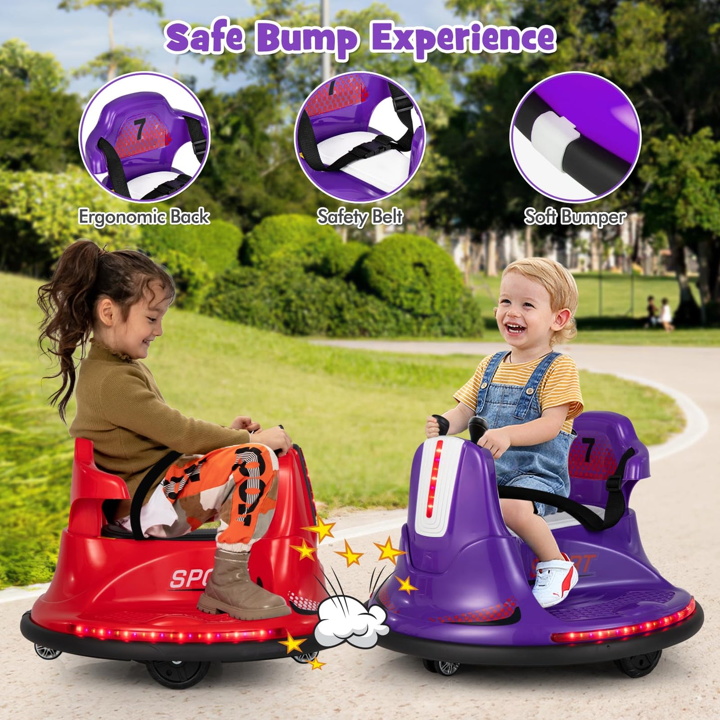 Costzon 12V Kids Ride On Bumper Car, Electric Bumper Car W/Dual Joysticks, Remote Control, 360° Spin, Slow Start Function, Led Lights & Fun Music, Adjustable Safety Belt, Soft Bumper (Purple)