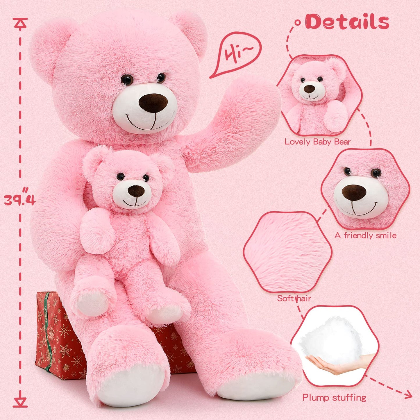 Tezituor Giant Stuffed Animal 39In, Large Teddy With Baby, Big Stuffed Bear For Kids, Girlfriend On Valentine, Christmas, Baby Shower, Pink