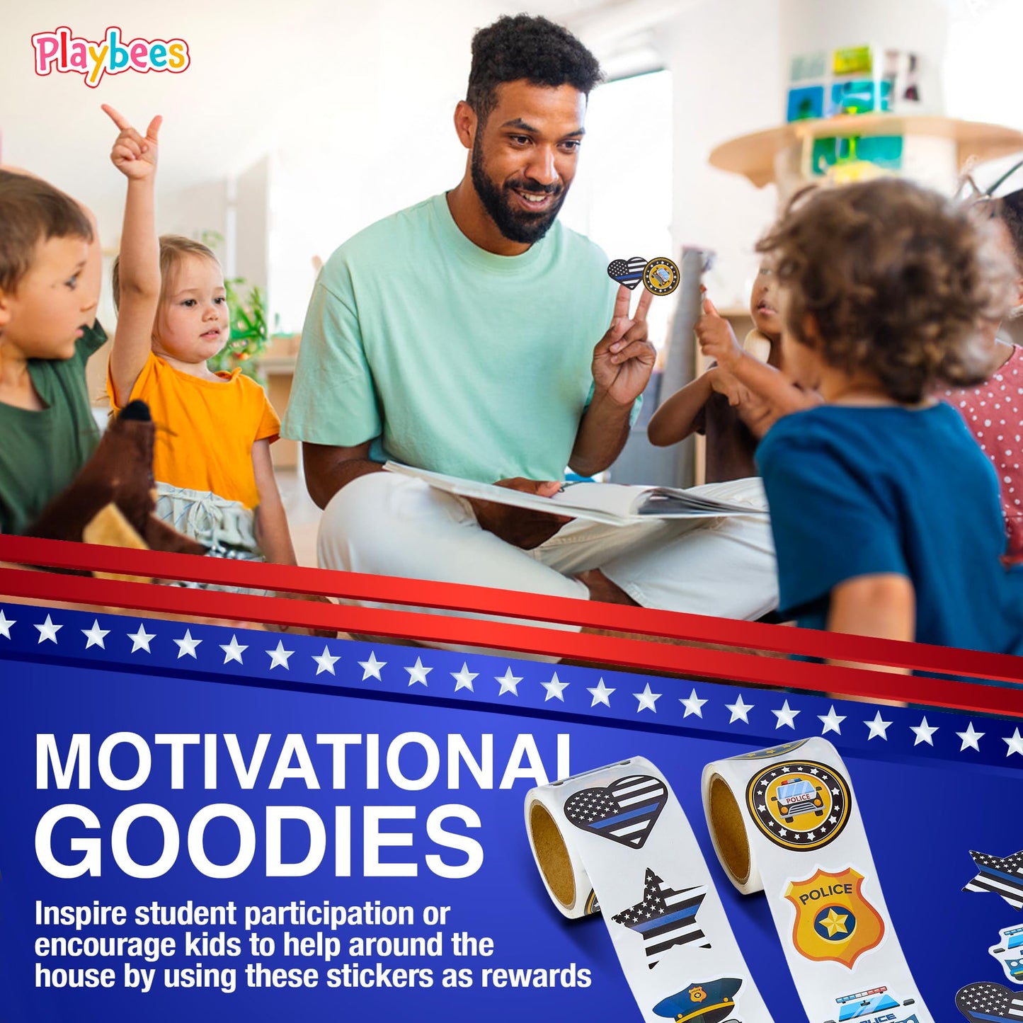 Playbees Police Stickers for Kids - 200 Pack of Educational Arts & Crafts, Law Enforcement Designs, Perfect for Classroom Prizes & Back to School