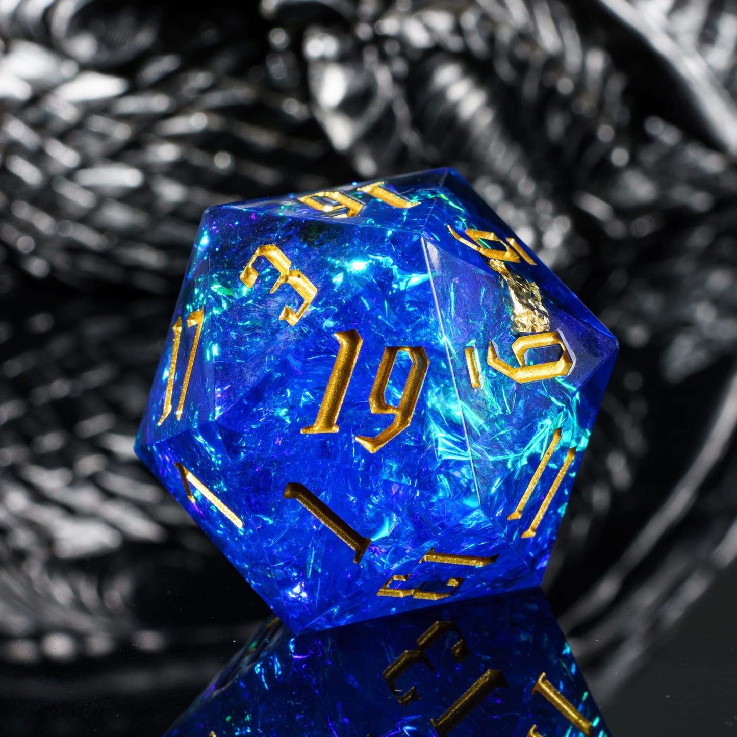 Cusdie Single D20 DND Dice with Sharp Edges and Glitter Foil Inclusions, 20 Sided D&D Dice, 33mm Handcrafted Polyhedral Dice, fo