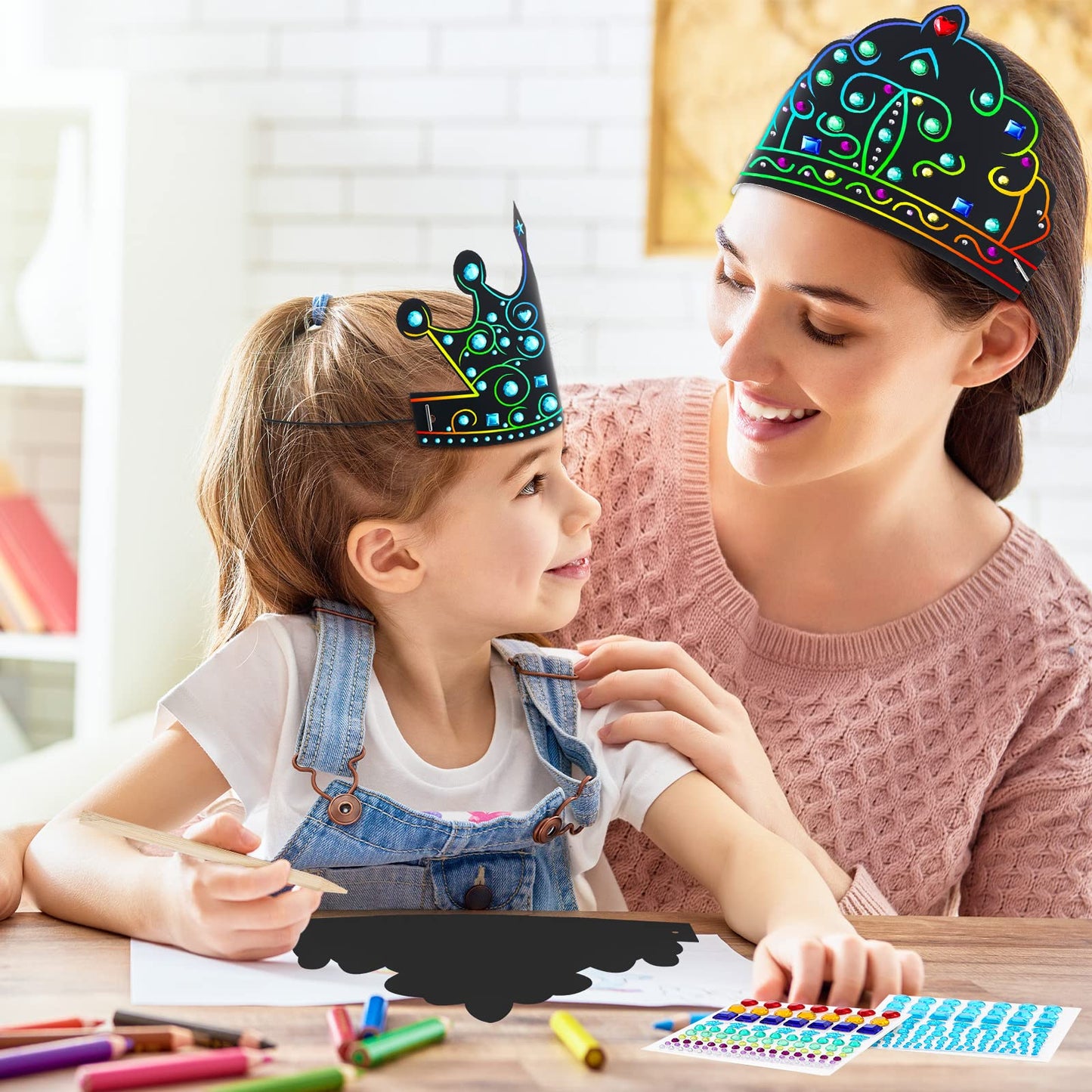 110 Pcs Paper Crafts Crowns Bulk Set Scratch DIY Paper Crowns with Rainbow Crown Headband Hats Wooden Styluses Craft Elastic Ban