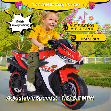 Blitzshark 12V Electric Motorcycle Kids Motorcycle with Training Wheel 7AH Battery Ride On Motorbike for Kids 3.2 MPH Max Speed Twist Grip Throttle Soft Tires Extra Long Seat Red and White