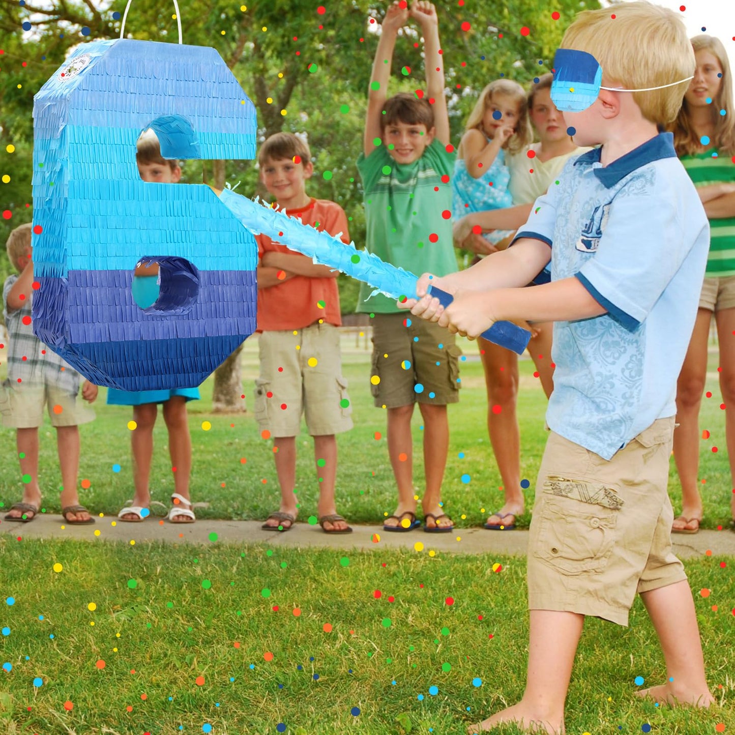 Sratte Number 1 2 3 4 5 6 7 8 9 Piñata With Stick Blindfold Confetti, Gradient Blue Piñata For Kids Boys Girls Birthday Party Anniversary Decorations Supplies(Number 6)