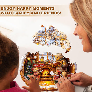 Jigfoxy Wooden Puzzles for mature-themeds Brown Bear House Wood Puzzles mature-themed Unique Animal Shape Wooden Jigsaw Puzzles for mature-themeds Birthday Gifts for Puzzle Lovers Family Friend (M-11.4 * 11.4in-200pcs)