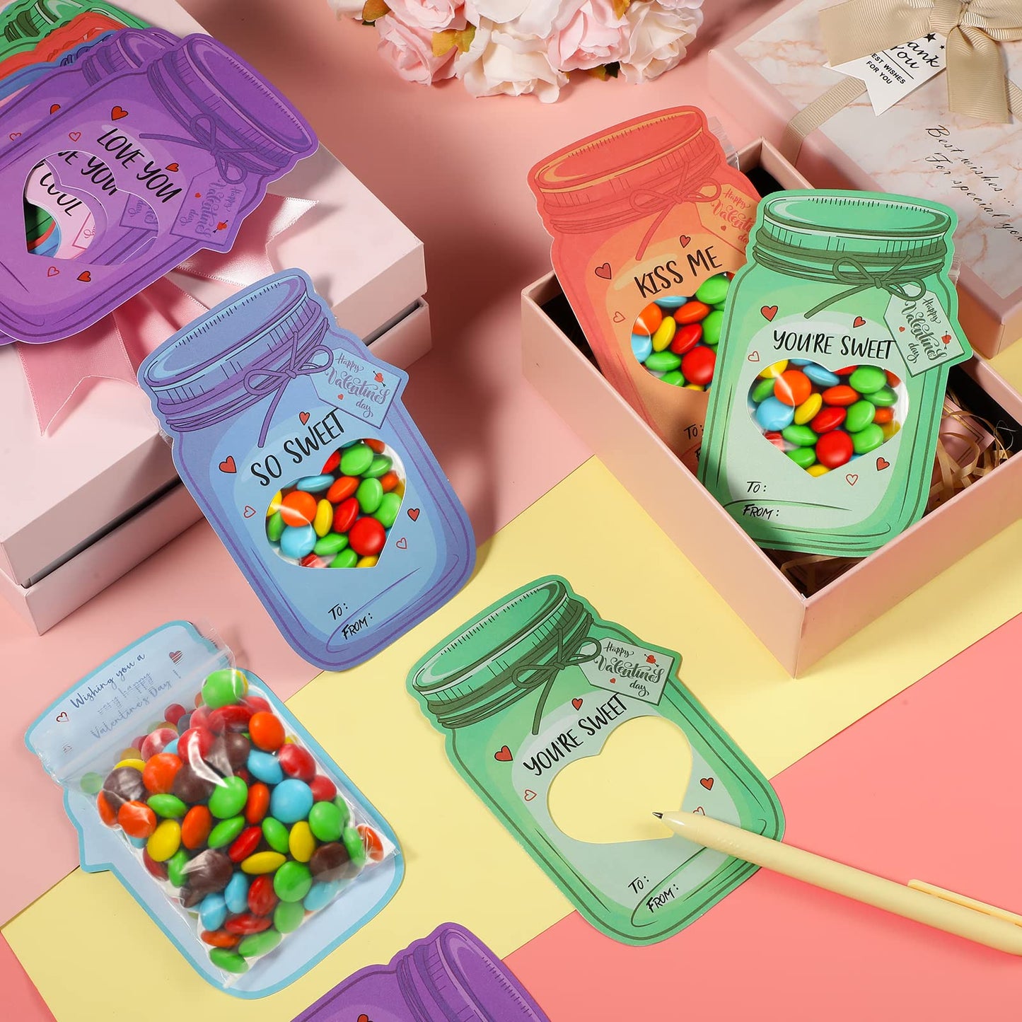 40 Pack Valentines Day Cards for Kids, Colorful Jars Happy Valentines Cards for Kids, Unique Valentines Gifts for Boys & Girls,