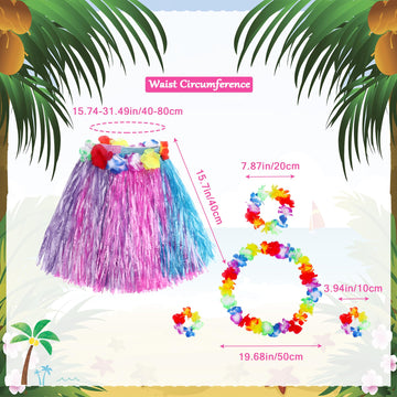 Fortuning'S Jds Girl'S Hawaiian Hula Grass Skirt Tricolor Matching Elastic Flowers Costume Set For Luau Tropical Beach Party Kid