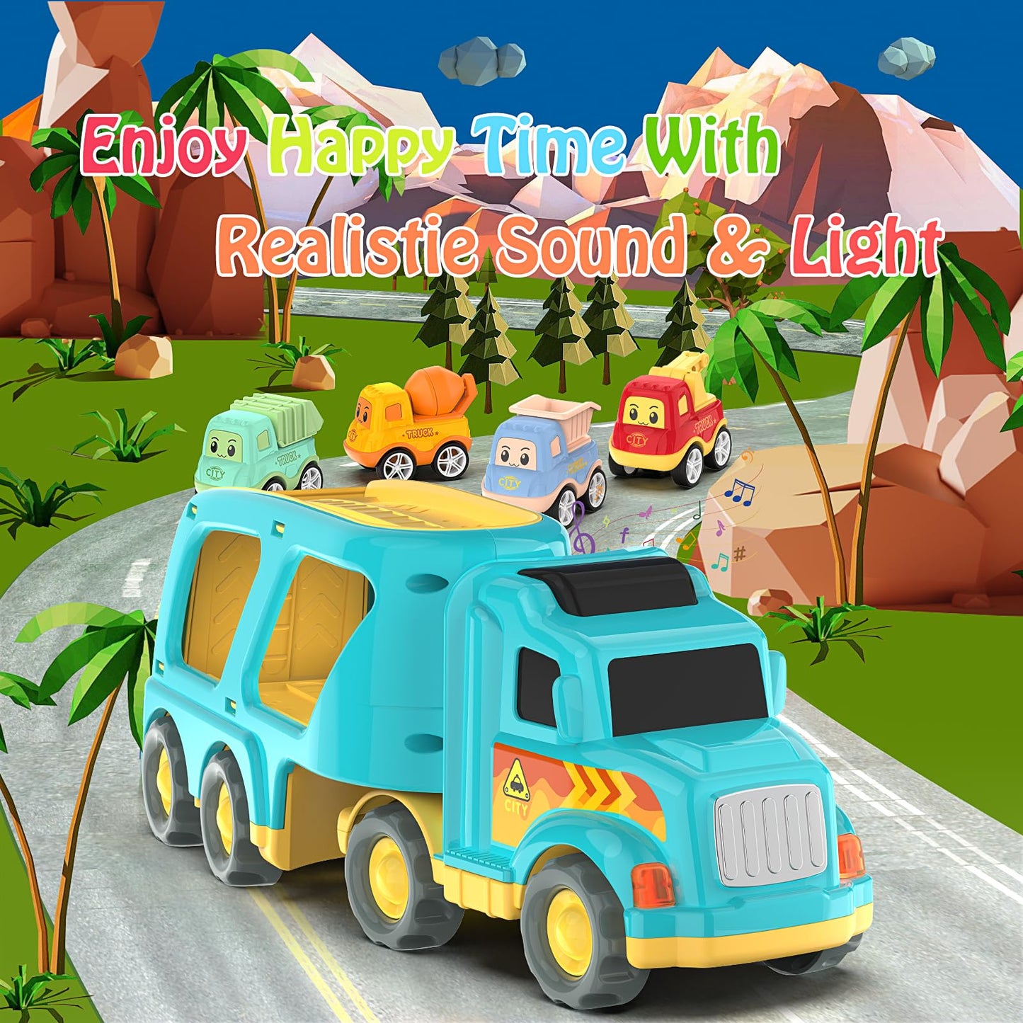 Toddler Car Toys for 3 4 5 Years Old Construction Transport Truck with 4 Pack Small Pull Back Construction Vehicles Friction Pow