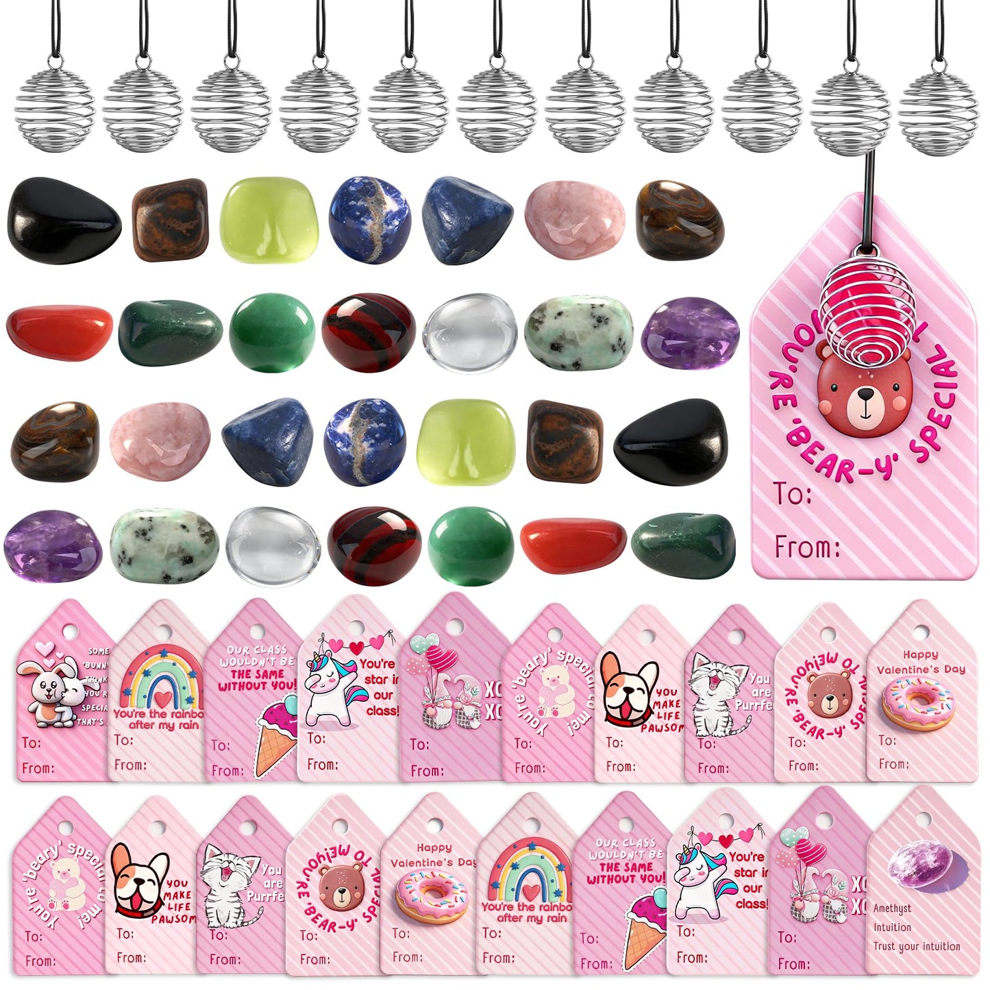 CNVOILA Valentines Day Gifts for Kids - 28 Pack Gemstones & Crystals with Valentines Cards, Valentine Rock Crystal Gift Exchange