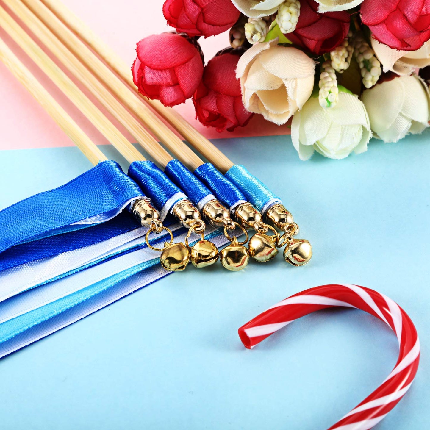 40 Pieces Mix Color Ribbon Sticks with Bell Fairy Stick Party Streamers for Wedding Party(Blue)