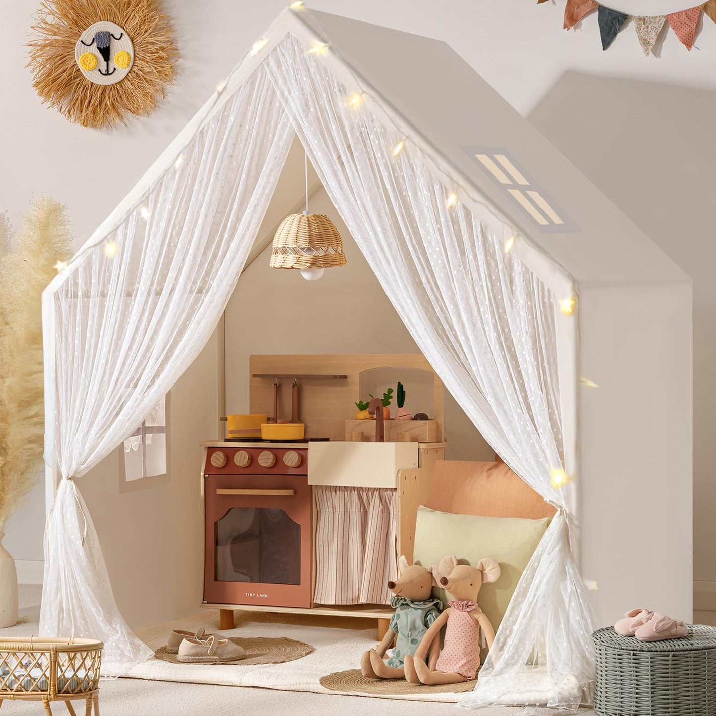 Tiny Land Kids Tent With Star Lights, Large Indoor Playhouse Tent, 53' X 36' Play Tent For Girls And Boys, Use For Reading Nook, Playroom, Sleepover Tent