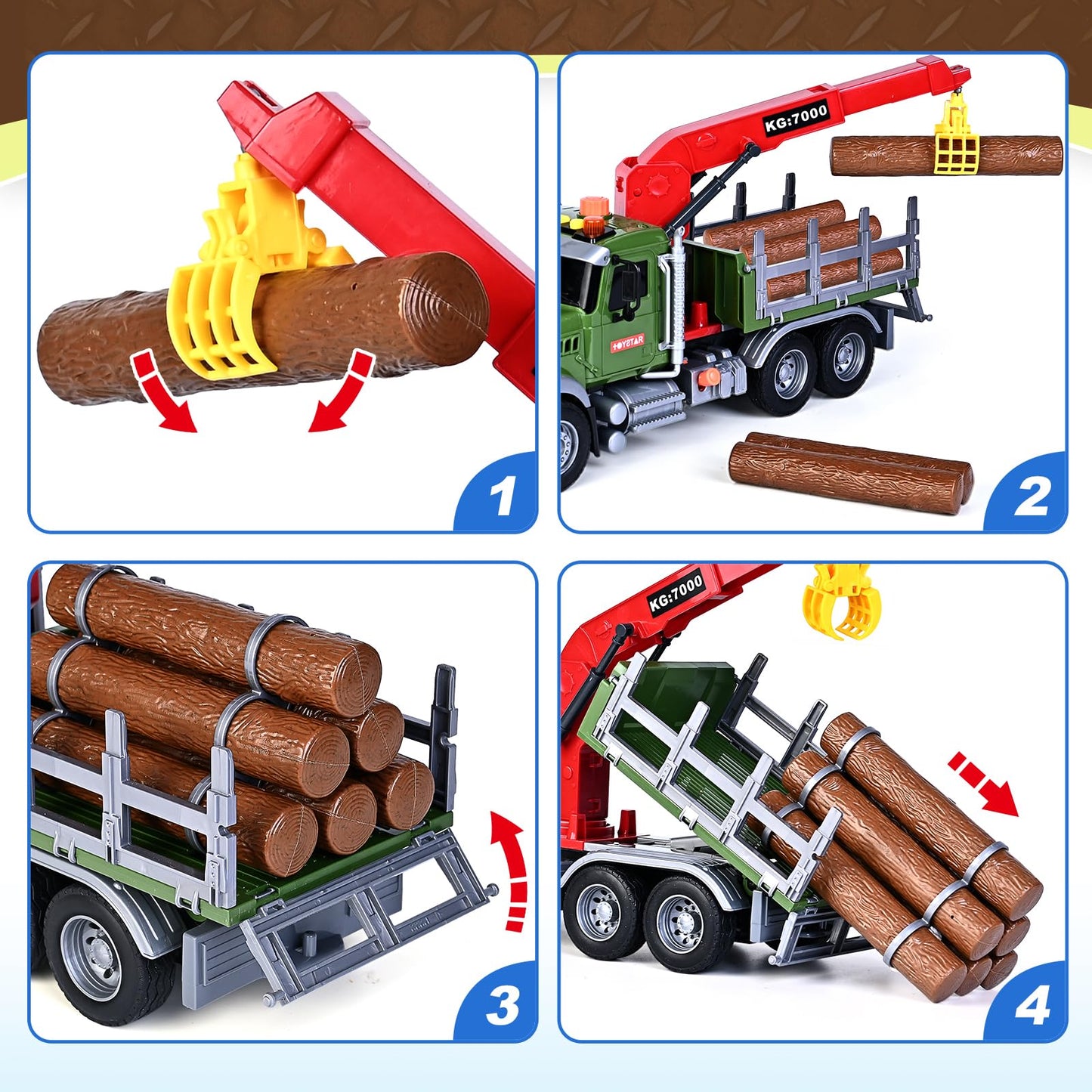 Kids Toys for 3 4 5 6 7 8 Years Old Boys, 15'' Farm Logging Truck Toy with Loading Crane and 6 Trunks, Lights, Sounds, Toddler F
