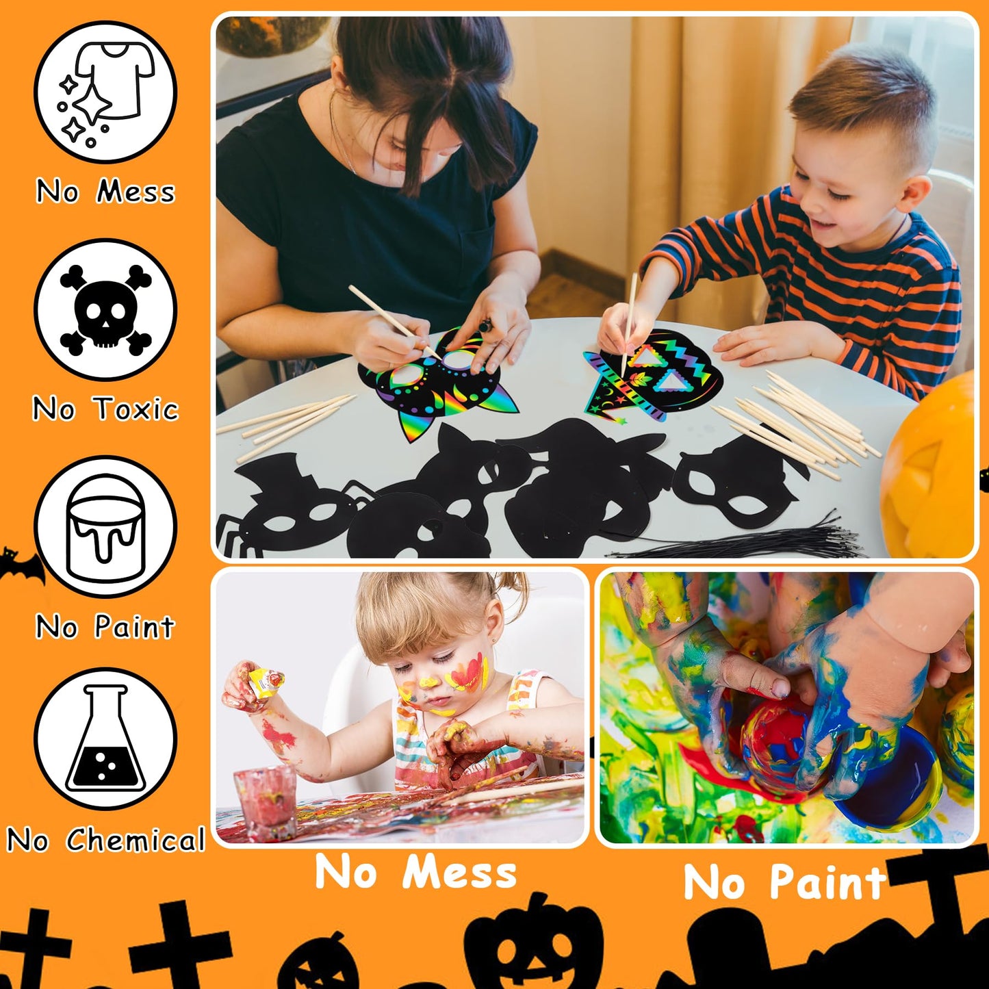 GOMANCHE 36 Pieces Halloween Scratch Art Masks for Kids, DIY Rainbow Magic Scratch Paper Masks for Crafts, Bat Witch Pumpkin Spi