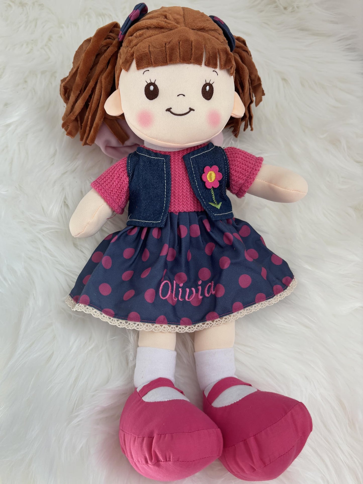 Personalized Snuggle Dolls, Custom Soft Brunette Baby Rag Doll, Pink Polka Dot Skirt, 16 Inches, Muecas De Trapo Personalizadas