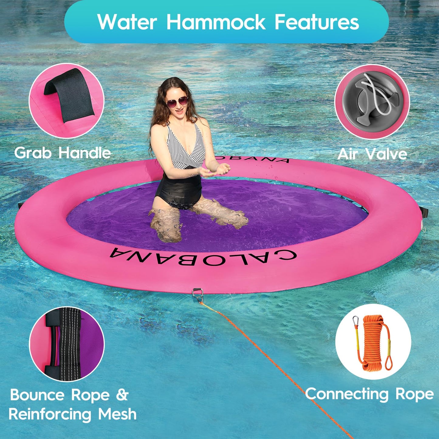 CALOBANA 8ft Floating Dock, Round Inflatable Water Hammock Heavy Duty Floating Ring Island Platform for Adults Party Tanning Poo
