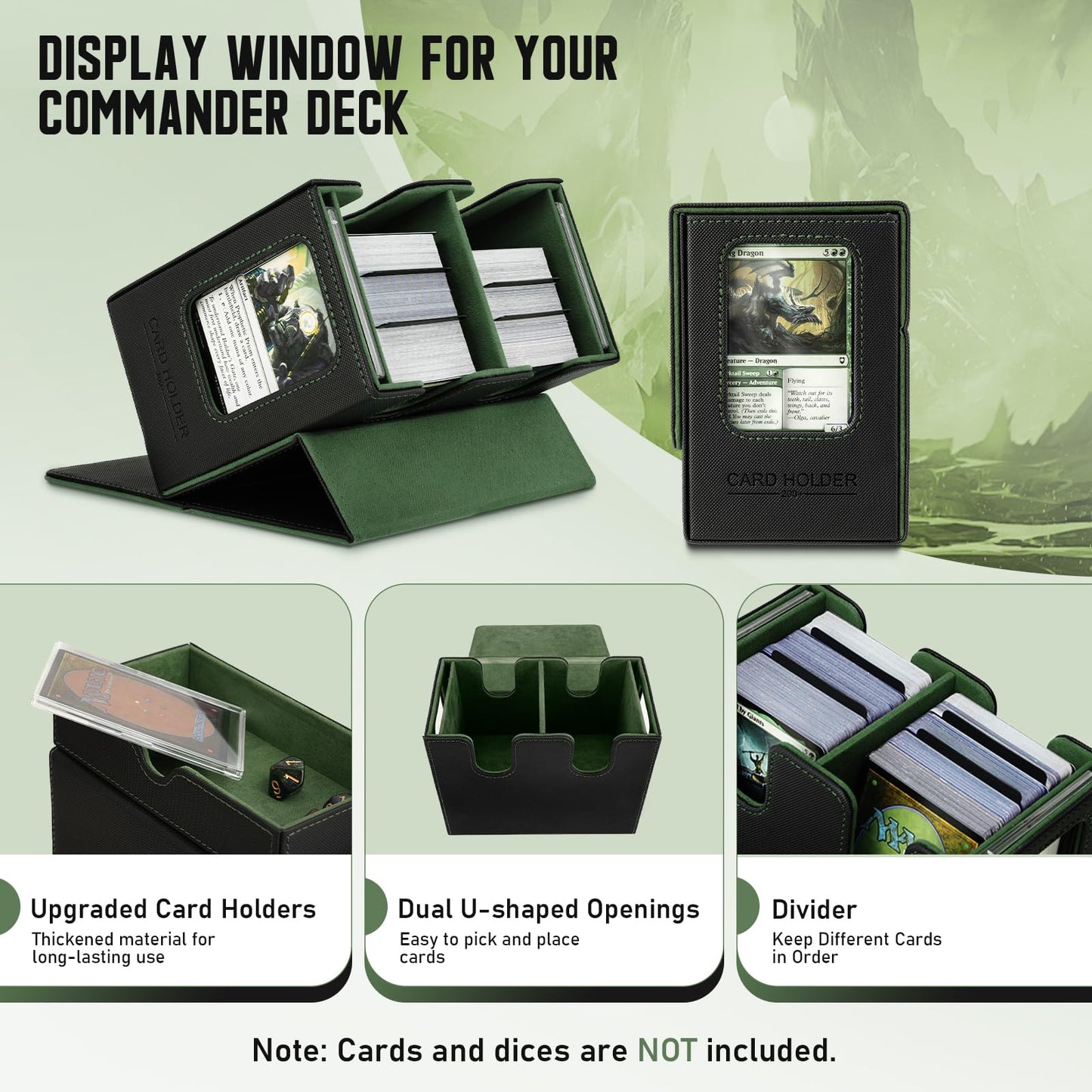 TiMOVO MTG Deck Box MTG Commander Card Deck Box with Commander Display & Dice Tray Fits 400+ Unsleeved Cards Leather Magnetic Card Storage Case with 6 Dividers for TCG CCG Magic Cards Black+Green
