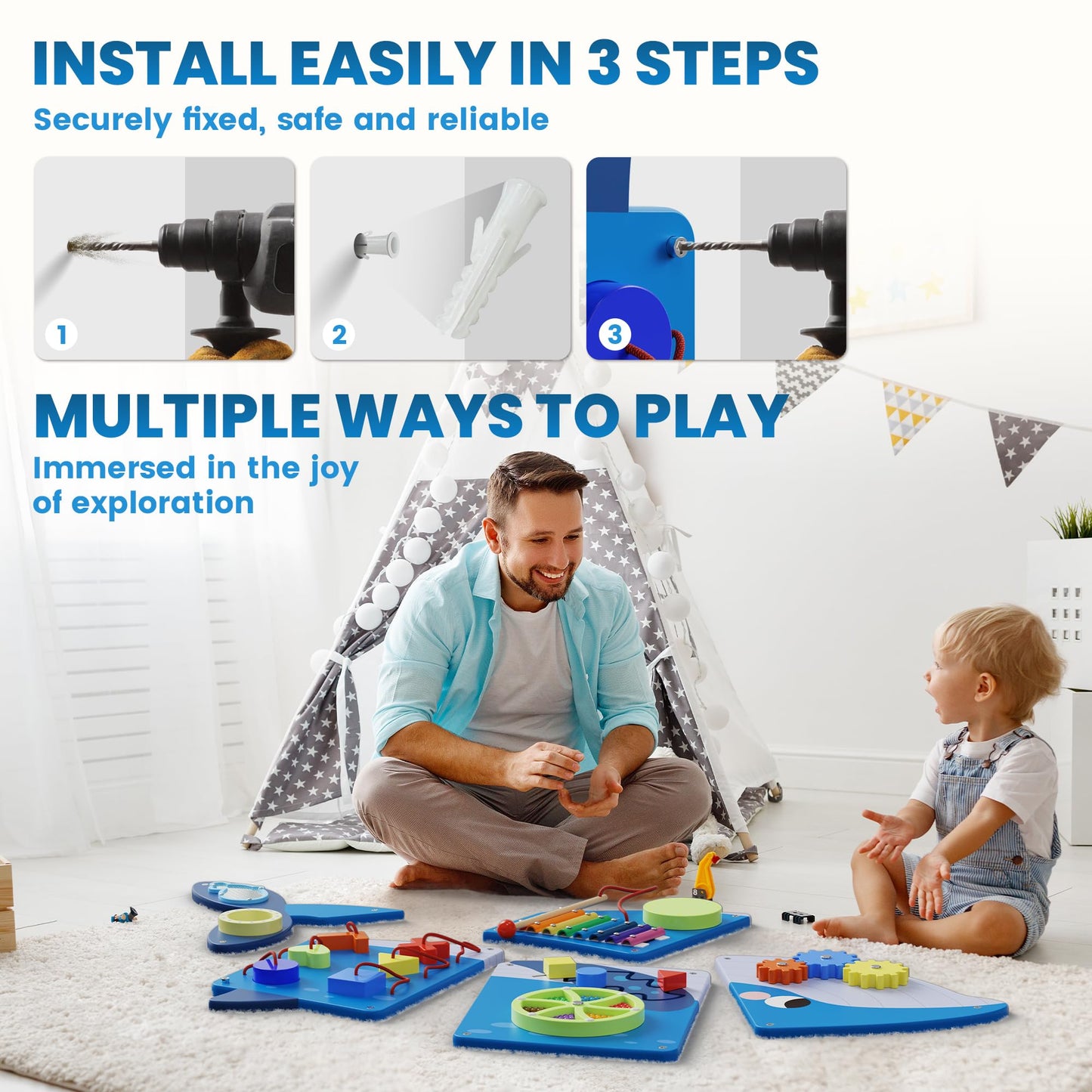 Bluewood Whale Wall Busy Board Panels, Toddler Learning Activity Center, Montessori Sensory, Educational Toys, Conducive To All-