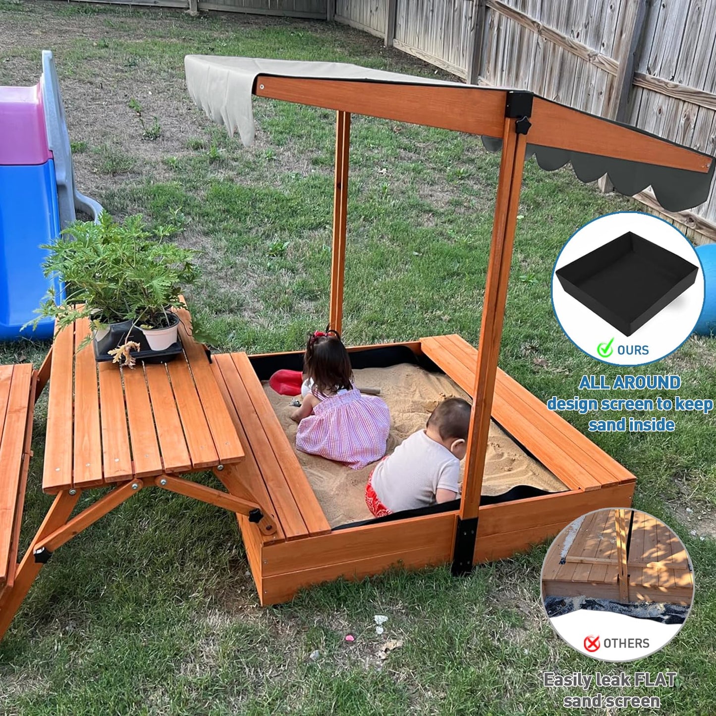 Funxplore Wooden Kids Sandbox With Lid, Outdoor Sand Box With Picnic Table, Sandpit With Cover Canopy For Aged 3-8 Years Old, Ad