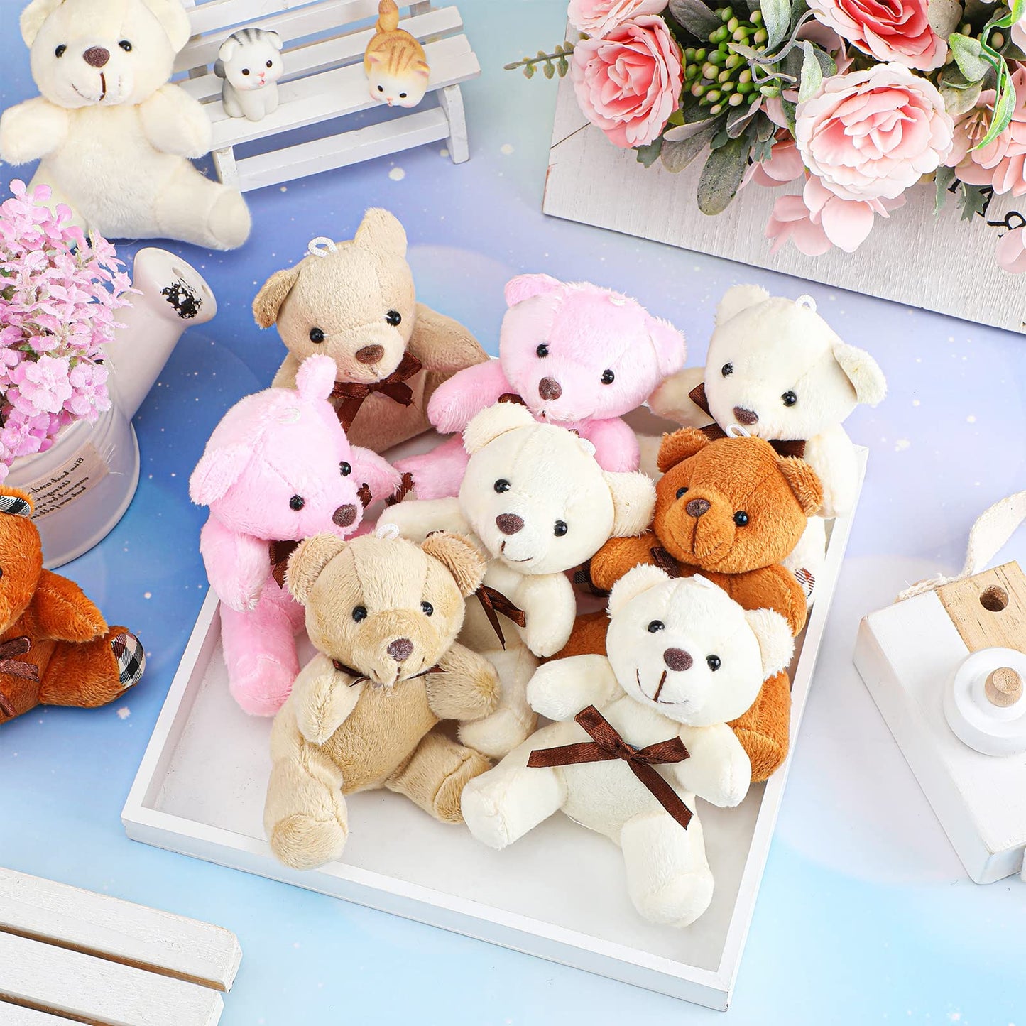Skylety 16 Pcs Mini Bear Stuffed Animal 4 Inch Bear Bulk Keychain For Valentines Day Birthday Party Favor(Simple Style)