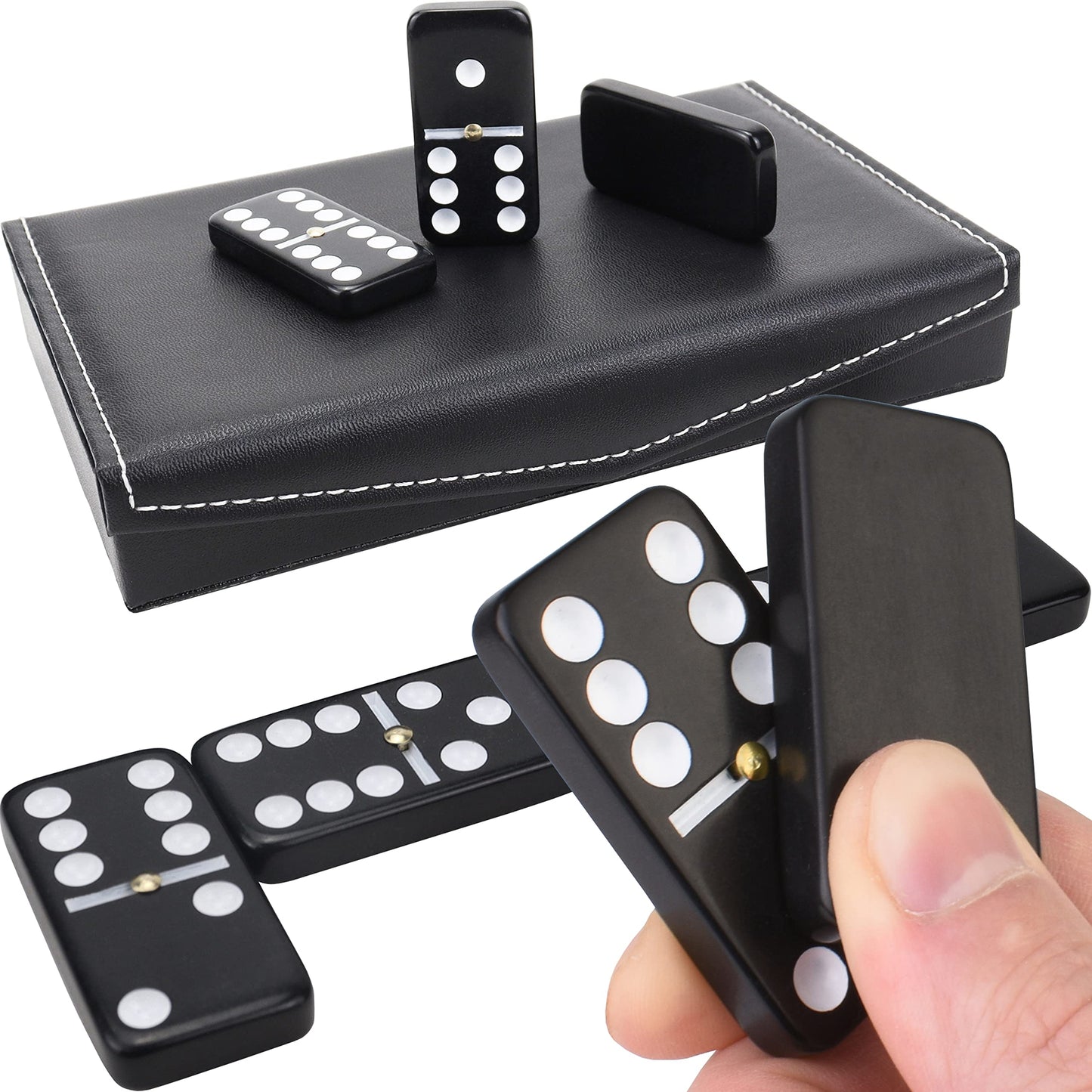 Dominos Set For Adults And Kids - Dominoes - Domino Classic Board Games, Christmas Games – Double Six Standard Dominos Set 28 Tiles With Black Leather Case - Juegos De Mesa (Black Leather Case)