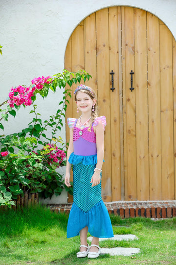 Aukidwld Little Girls Mermaid Costume Dress up Cosplay with bag accessories Halloween Christmas Birthday Gift 6-8Years