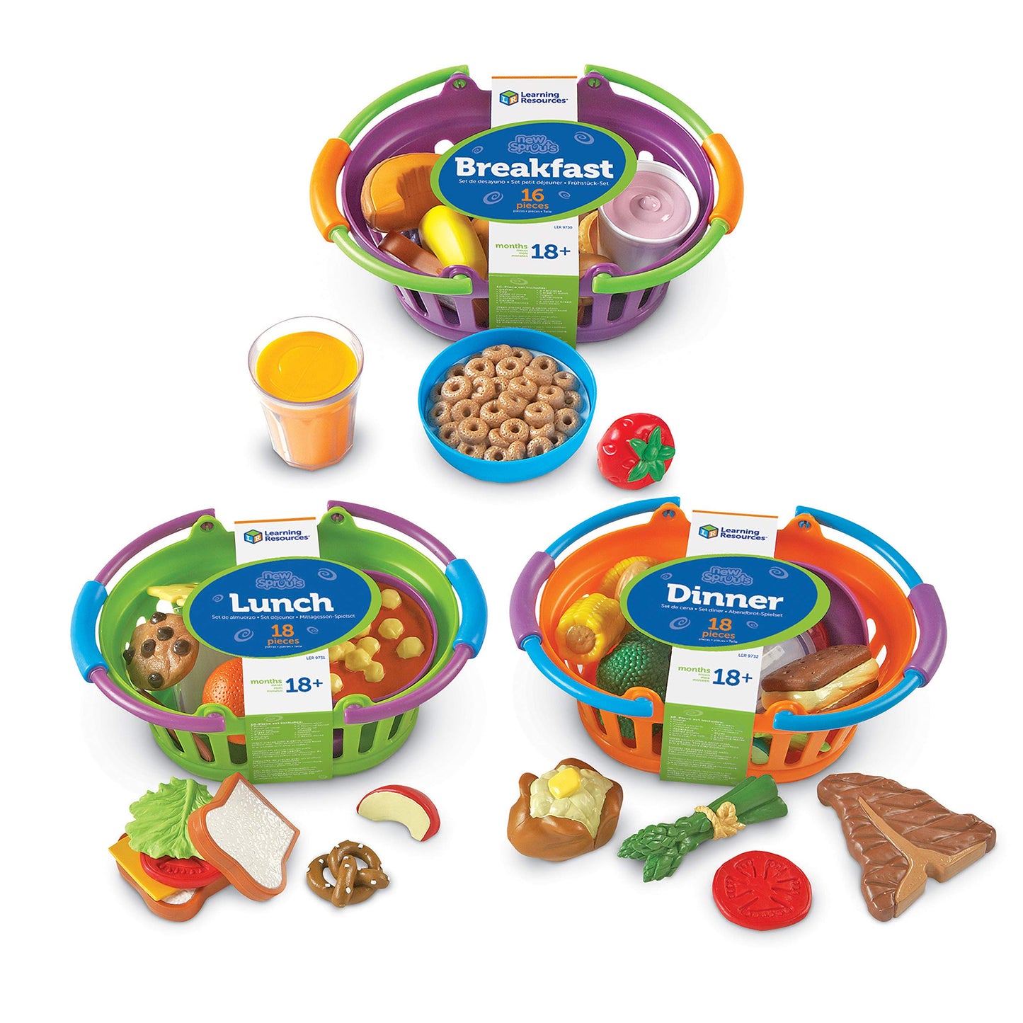 Learning Resources New Sprouts Bundle of Breakfast, Lunch and Dinner - 3 Sets, Ages 18+ months Toddler Pretend Play Food, Educat