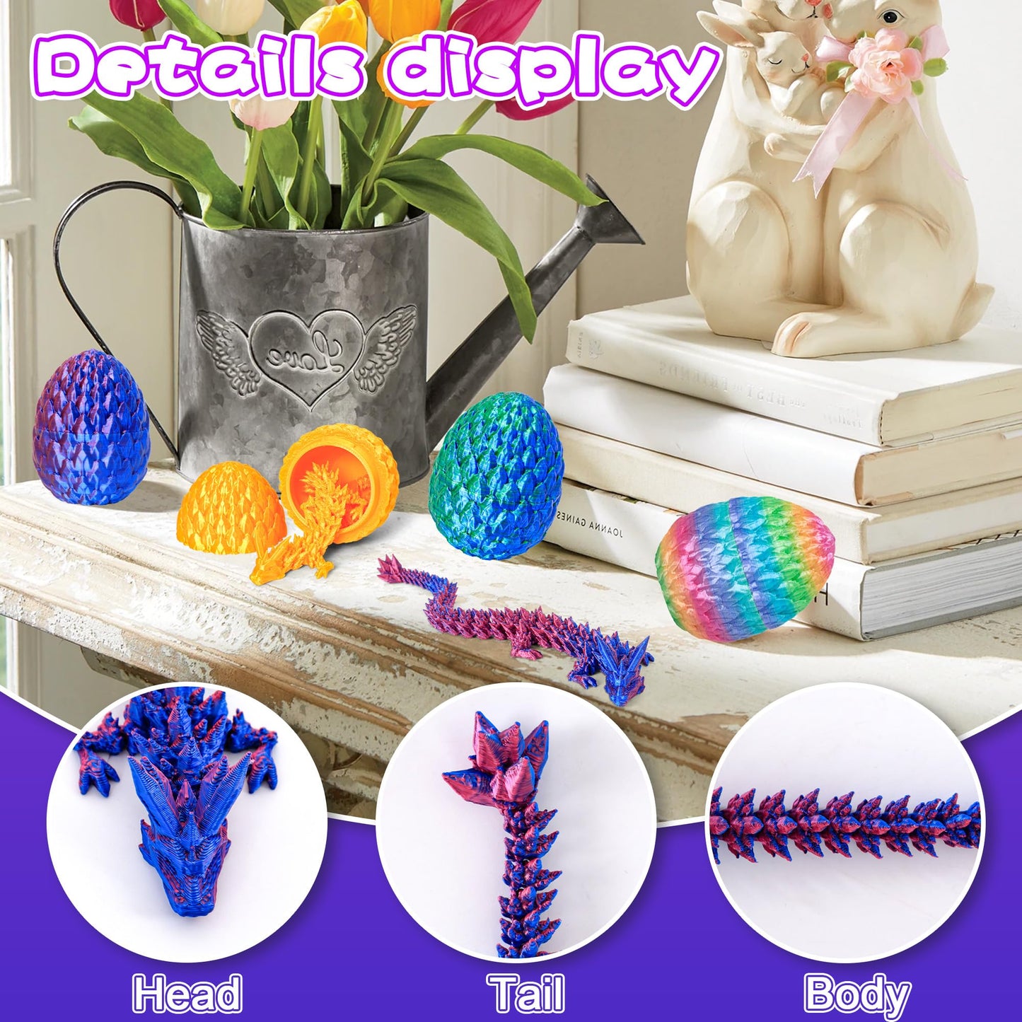 Philicoco 3D Printed Articulated Dragon Egg - Easter Basket Stuffers, Fidget Toy Gift for Kids & Adults(4Pcs)