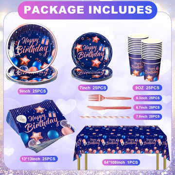 Norme 176 Pcs Navy Blue and Rose Gold Birthday Tableware Set Birthday Decoration Includes Tablecloth Paper Plates Napkins Paper