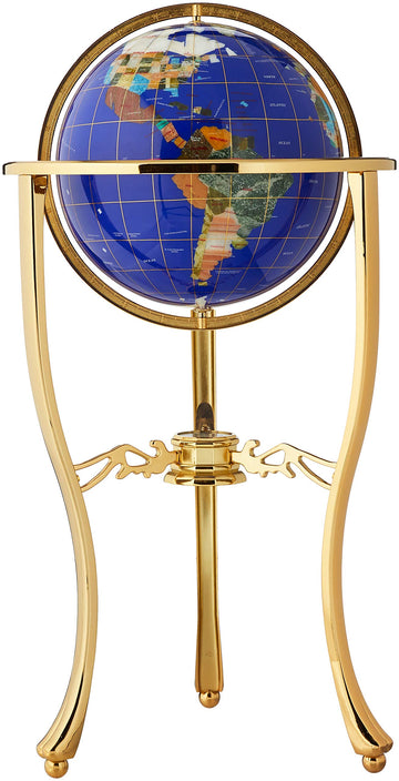 Unique Art Blue Lapis Gemstone World Globe - 36-Inch Floor Standing Globe with Gold Tripod, Perfect Home Decor