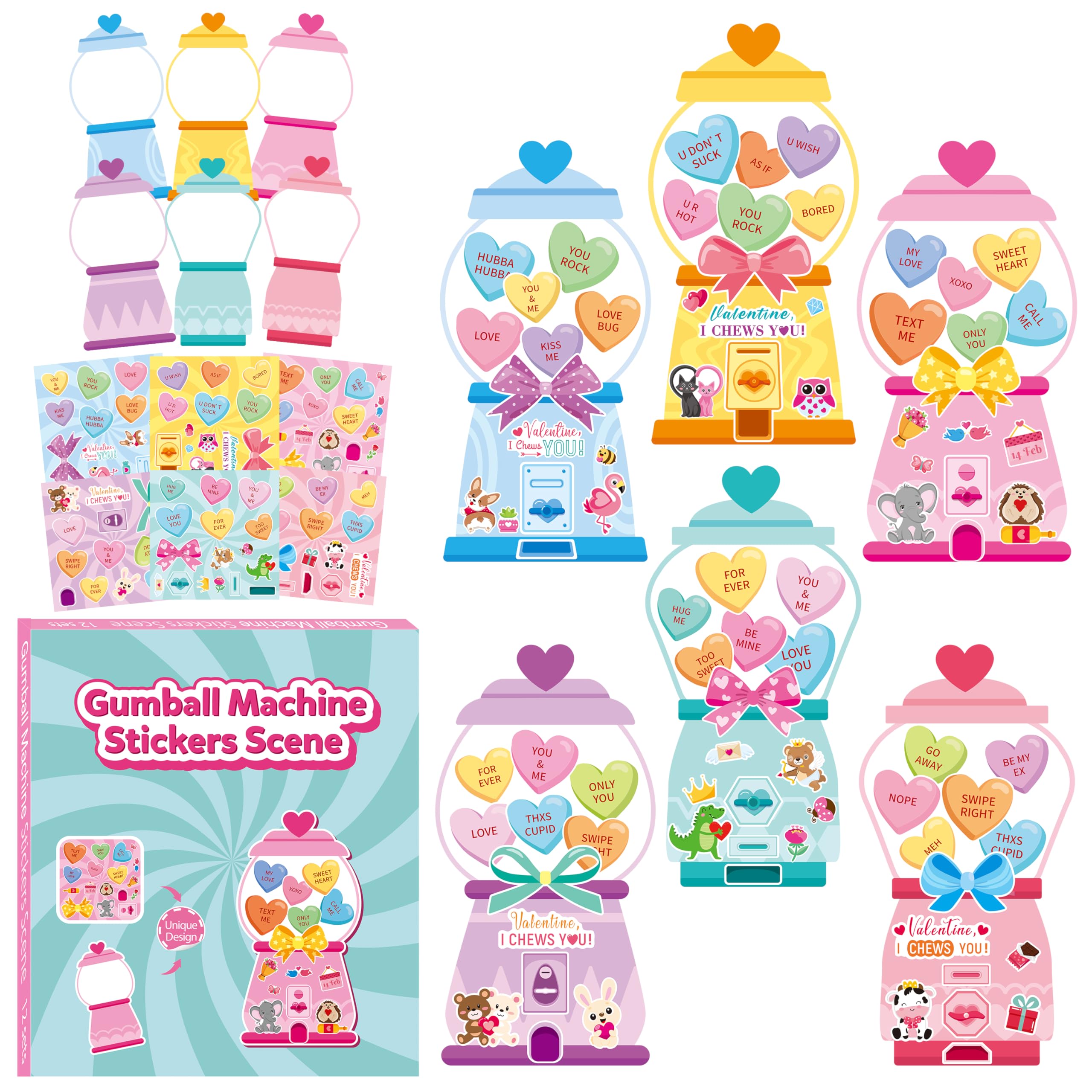 CY2SIDE Valentines Gumball Machine Stickers - 12 Sets of Valentines Day