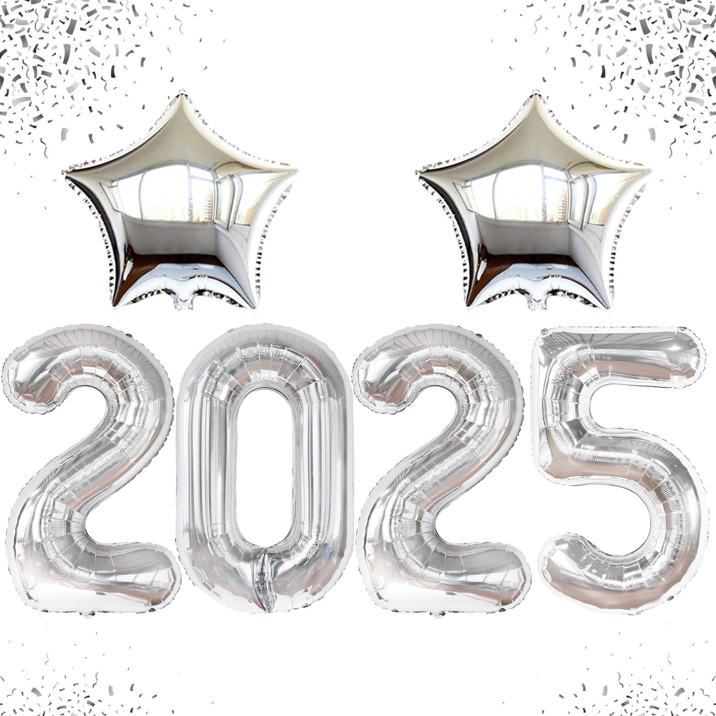 Katchon, 3Pc 40' & 18' Silver Star & Number 2025 Graduation Balloons - Helium Supported, Metallic Finish, Ideal For Graduation Decorations 2025, Children