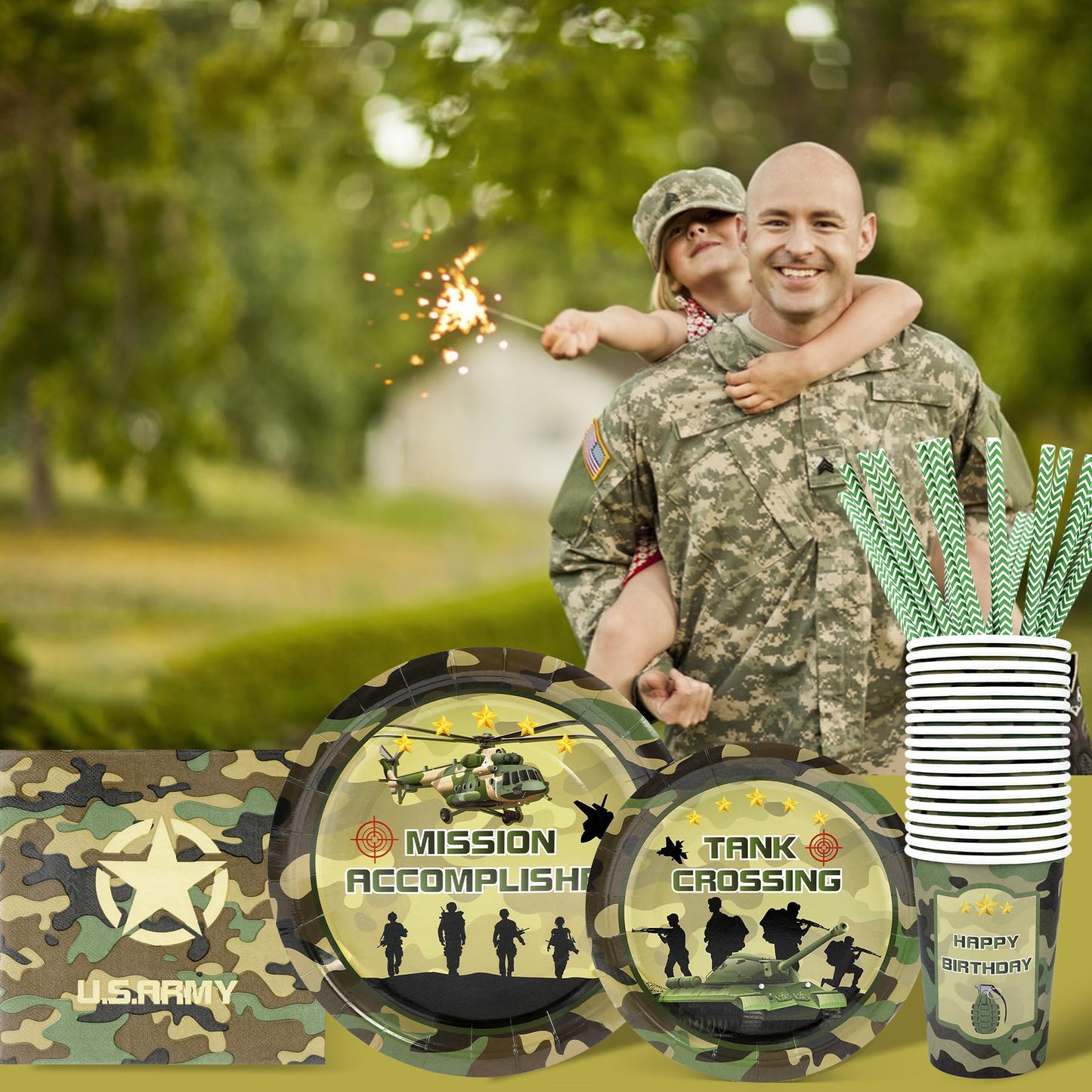 Army Birthday Party Supplies Decorations, Camo Theme Birthday Paper Plates And Napkins Set With Cups And Straws For 24 Guests, 1