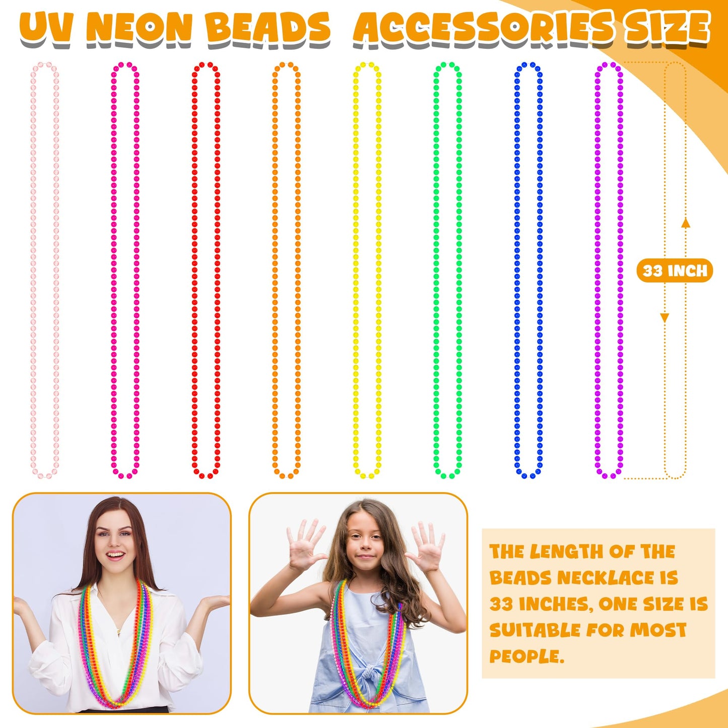EOBOH 100PCS Mardi Gras Beads, Metallic Colorful Glow in The Dark Bead Necklaces, 33 Light up Neon Necklace for Costume Party Fa