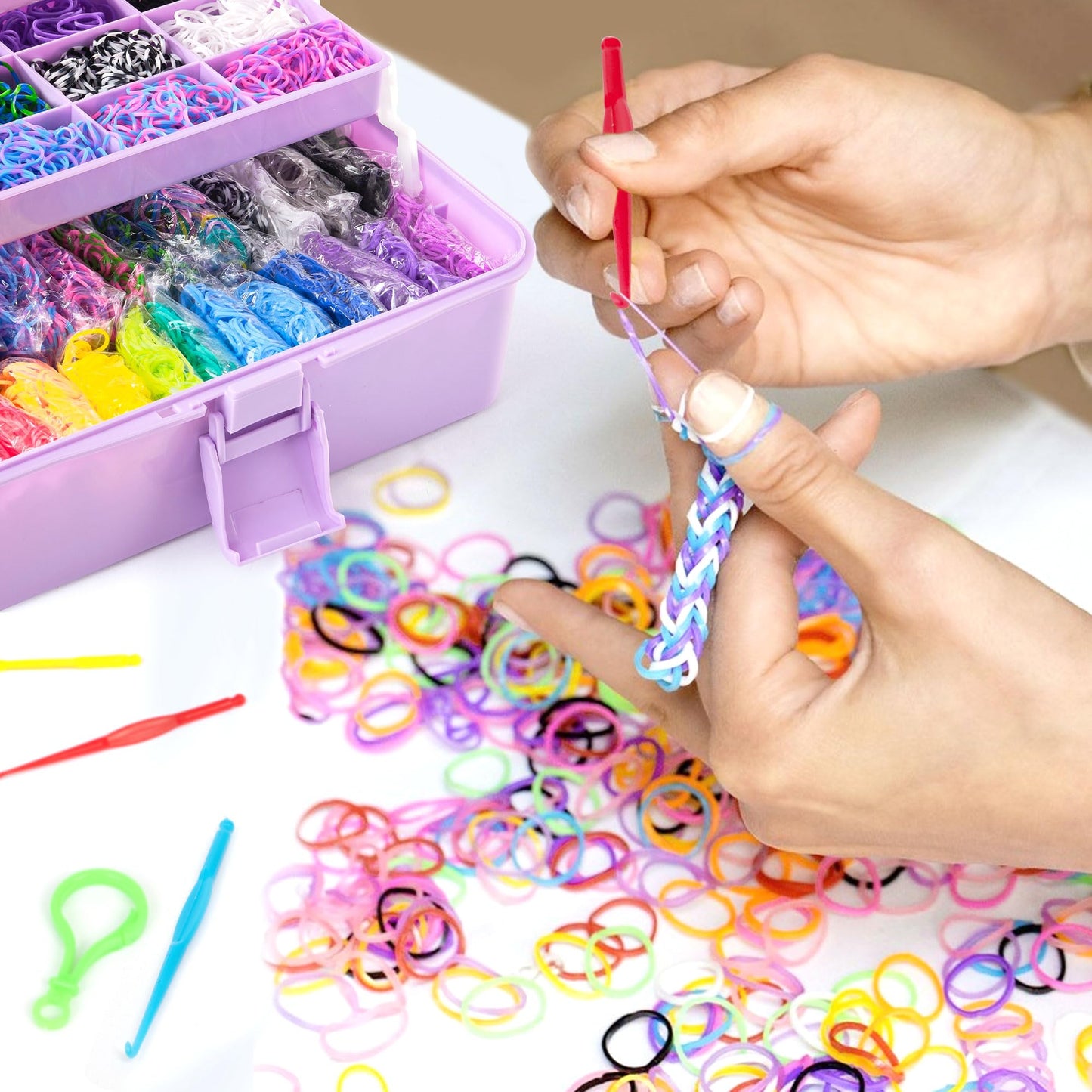 Inscraft 17500+ Rubber Loom Bands With 3 Layer Light Purple Container, 28 Colors, 600 S-Clips, 352 Beads, 40 Cartoon Pendant, Bracelet Making Refill Kit For Kids