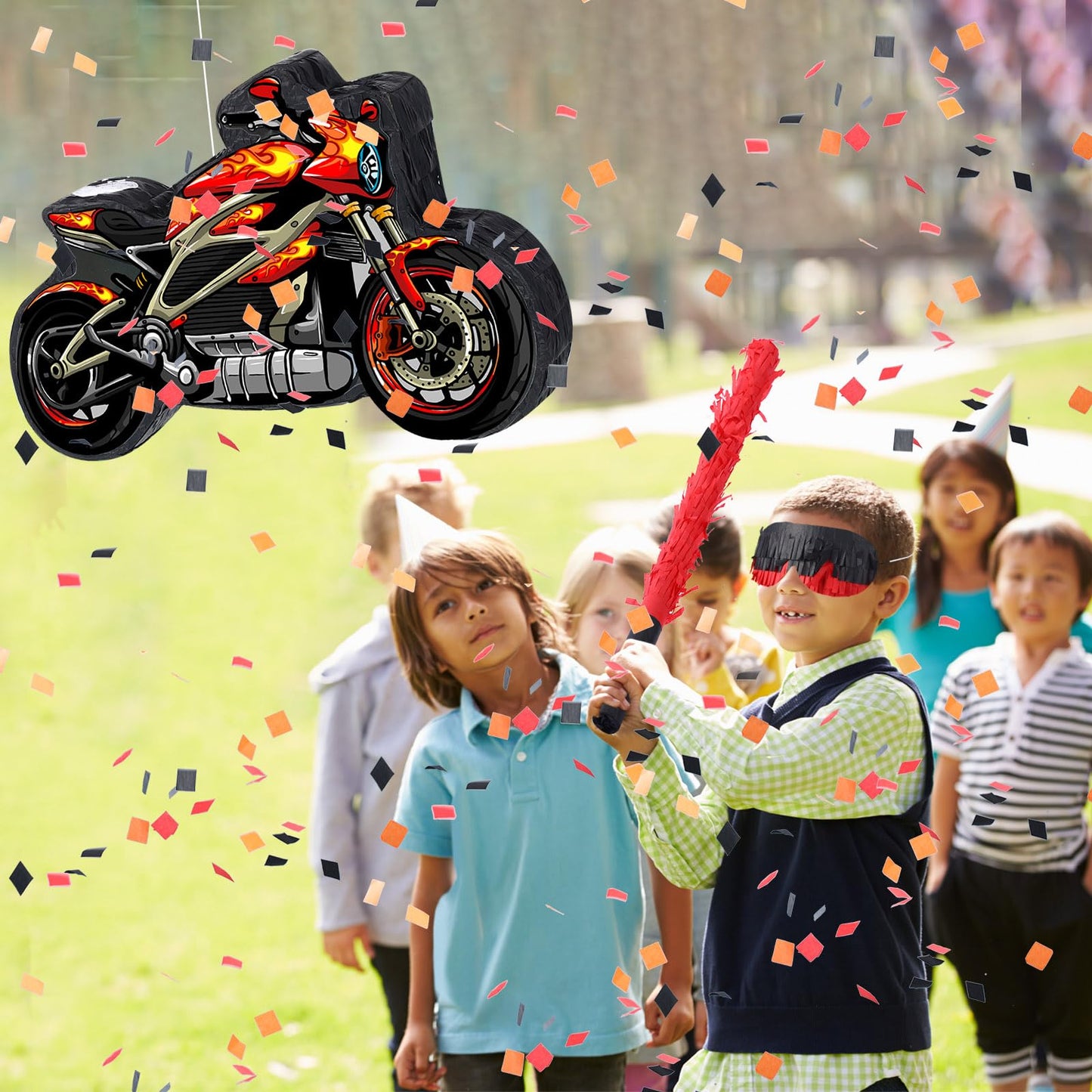 Shappy 3D Red Motorcycle Piñata - Small Race Car Design for Racing Theme Birthday Party with Blindfold, Stick & Confetti