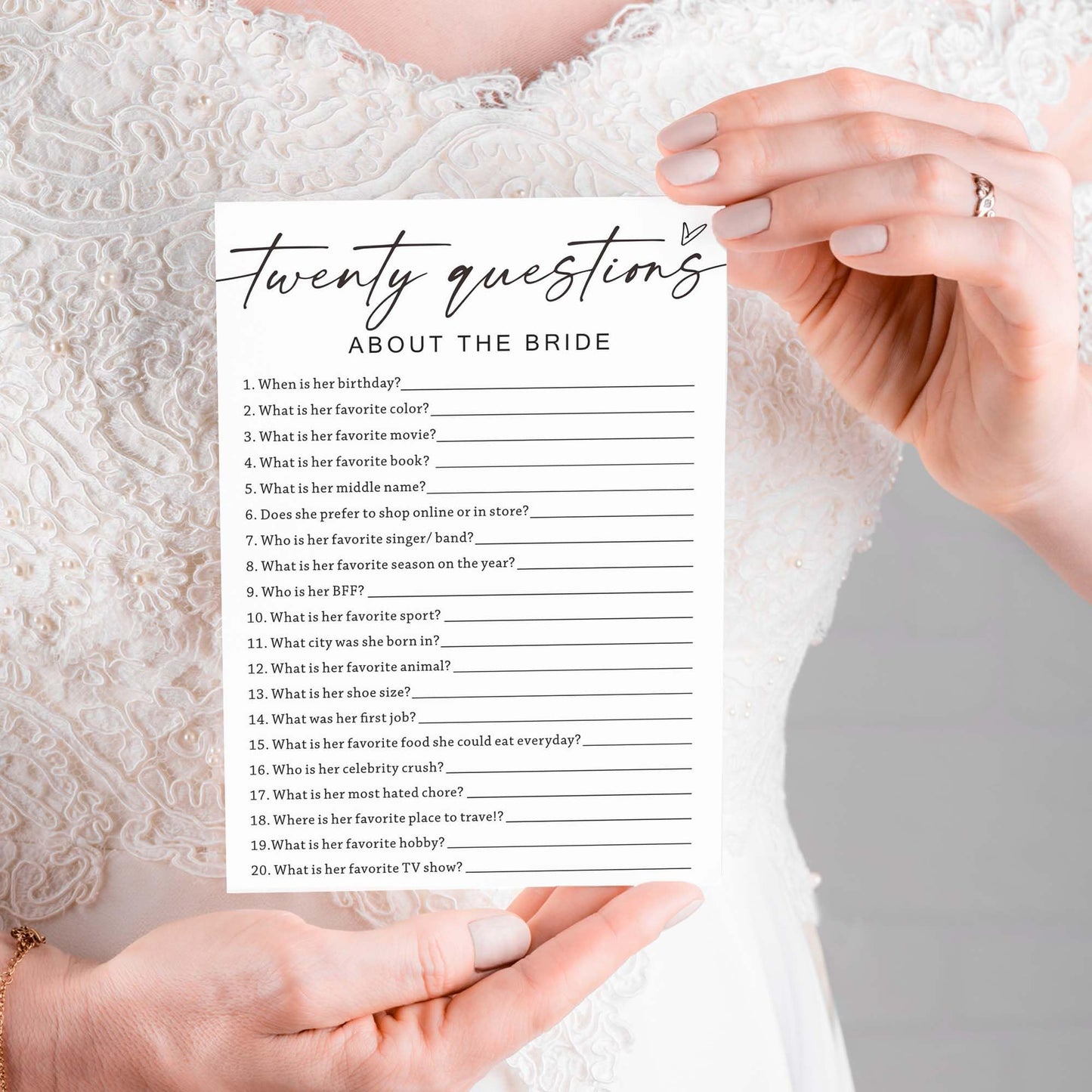 Wybgno Wedding Shower Games - Twenty Questions About The Bride, 5x7 inch Paper Cards for 25 Guests, Minimalist White Design