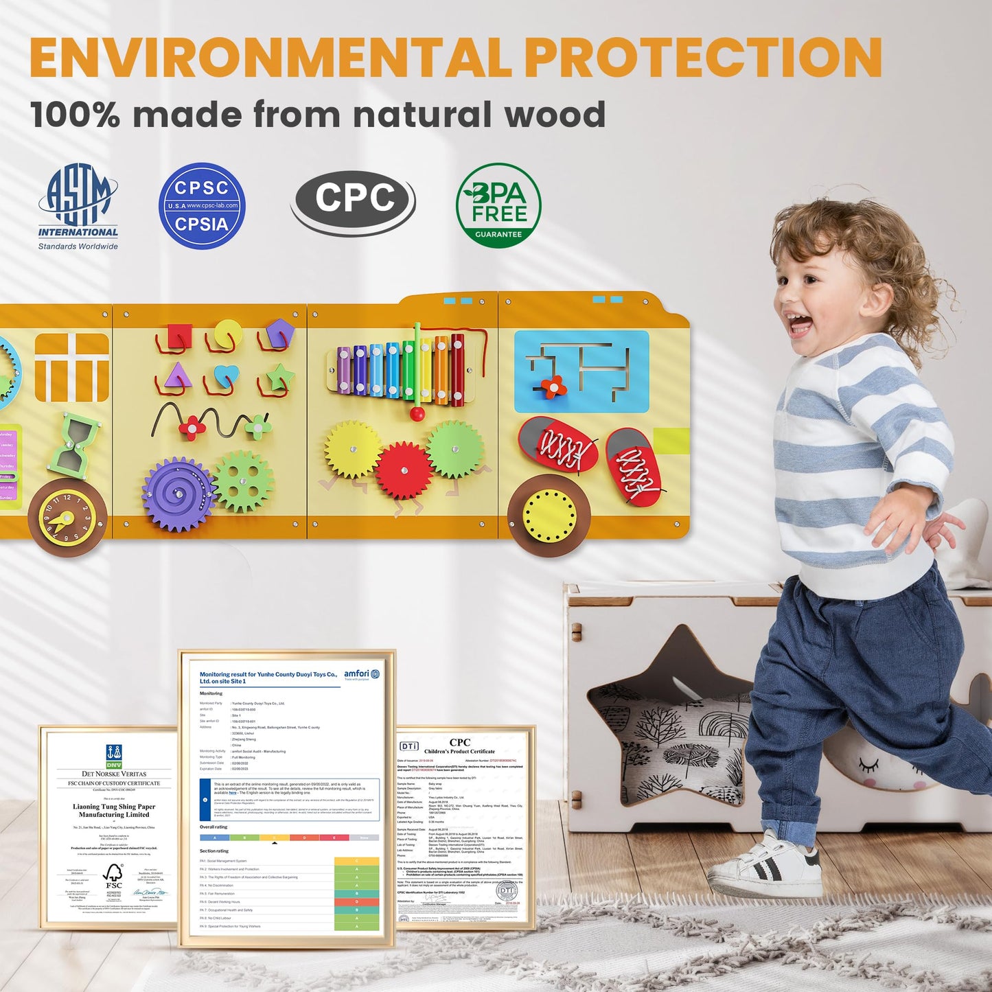 Bluewood School Bus Wall Busy Board Panels, Toddler Learning Activity Center, Montessori Philosophy Sensory, Educational Toys, C