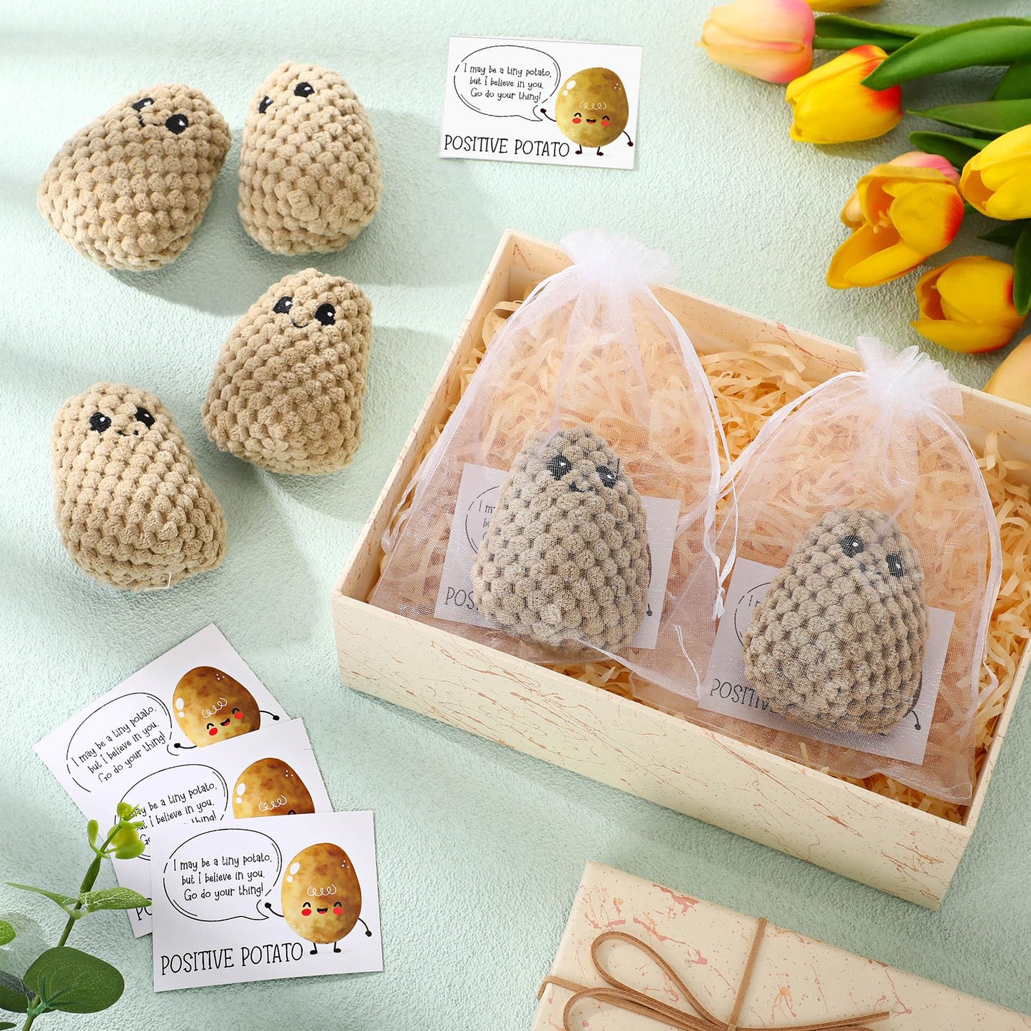 Roundfunny 12 Sets Positive Knitted Potato Toys Emotional Cute Potato Crochet Gifts Positive Cards Bags Inspirational End Of Sch