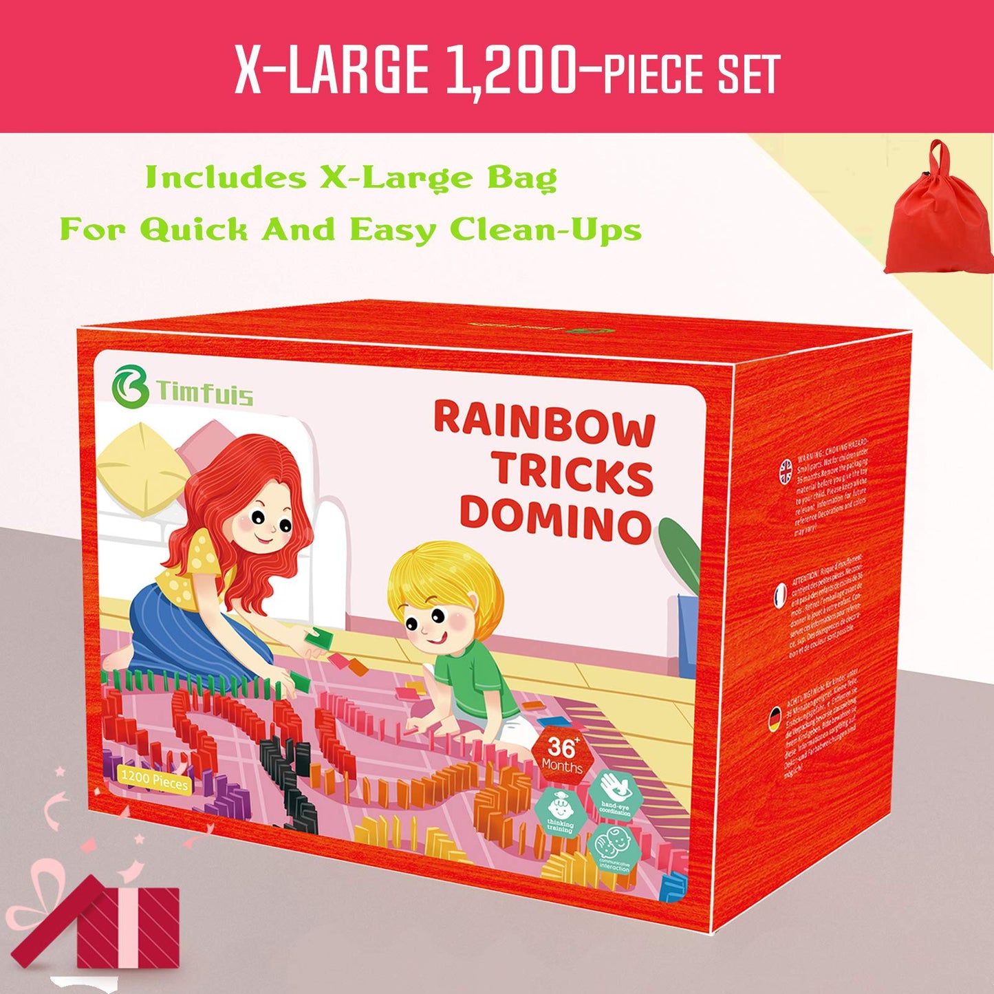 Timfuis 1200 Piece Wooden Dominoes Set for Kids, Colorful Tiles for Building, Stacking, Racing, 16.4"x3.08"x13.8"