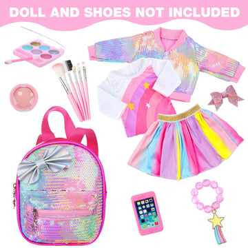 Unicorn Element American 18 Inch Doll Clothes And Accessories Makeup Playset Include 18 Inch Doll Clothes, Skirt, Backpack, Bracelet, Hair Clip, Phone And Makeup Sets(No Doll And Shoes)