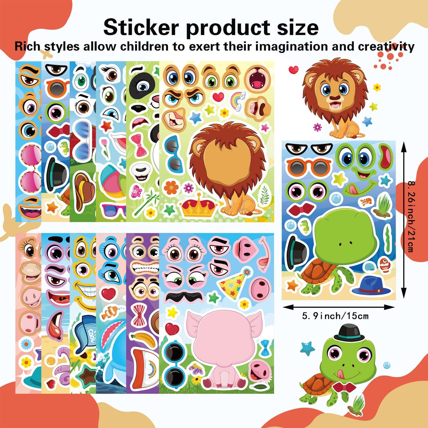 24 Pcs Make A Face Stickers For Kids - Make Your Own Stickers Animal Mix And Match Sticker Sheets With Safaris, Sea And Farm Ani