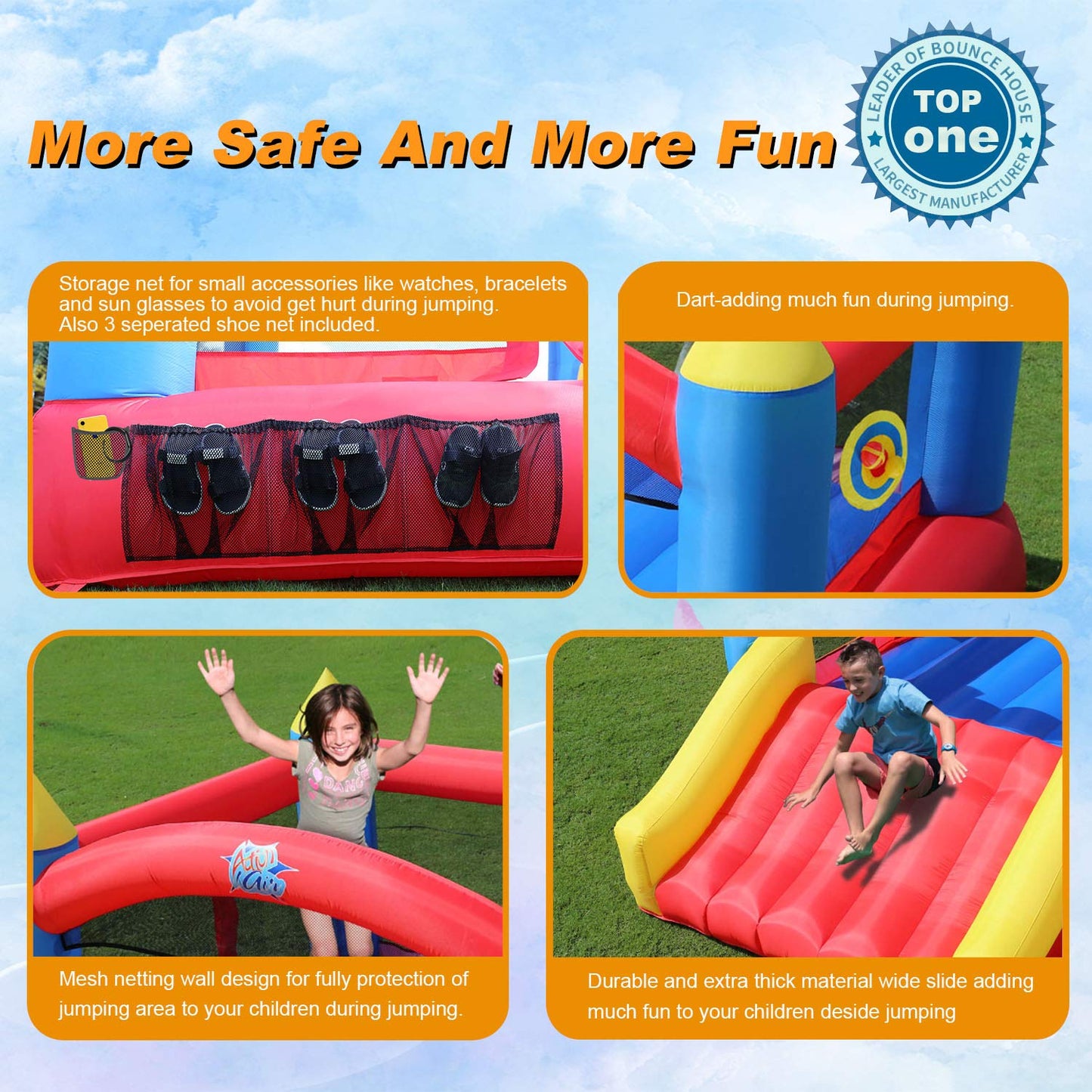 ACTION AIR Bounce House, Inflatable Bouncer Without Air Blower, 450W/0.6HP Blower Needed to Operate, Durable Sewn with Extra Thi