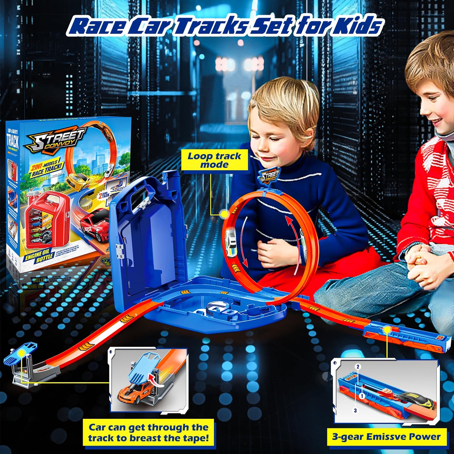 Race Track Toy Car Set with 2 Race Cars 2 in 1 Car Tracks Style with Storage Box Changeable Tracks Toys Birthday Gifts for Kids 3 4 5 6 7 8+Year Old Boys Girls (Blue)