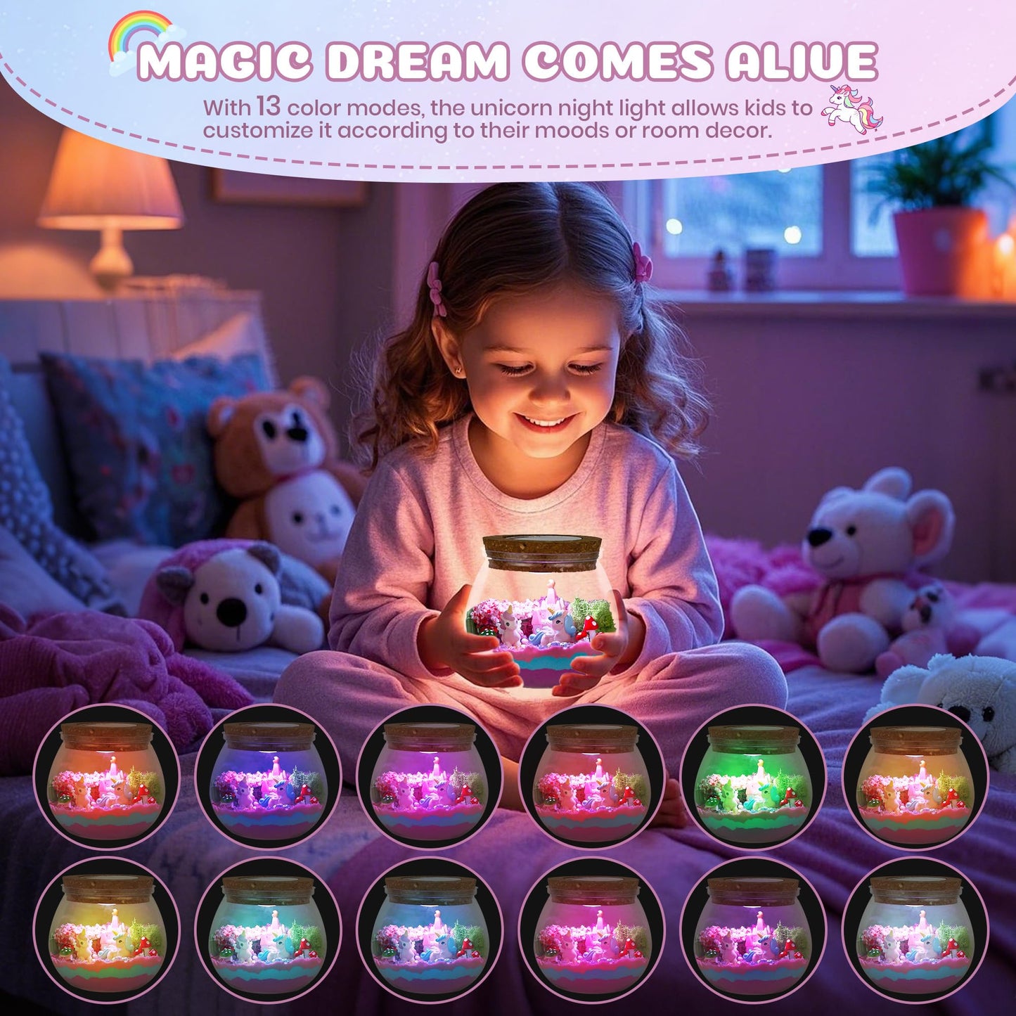 Nicella Unicorn Light-Up Terrarium Kit For Kids - Led Night Light Birthday Gift For Girls Ages 4 5 6 7 8-12 Year Old - Unicorn T