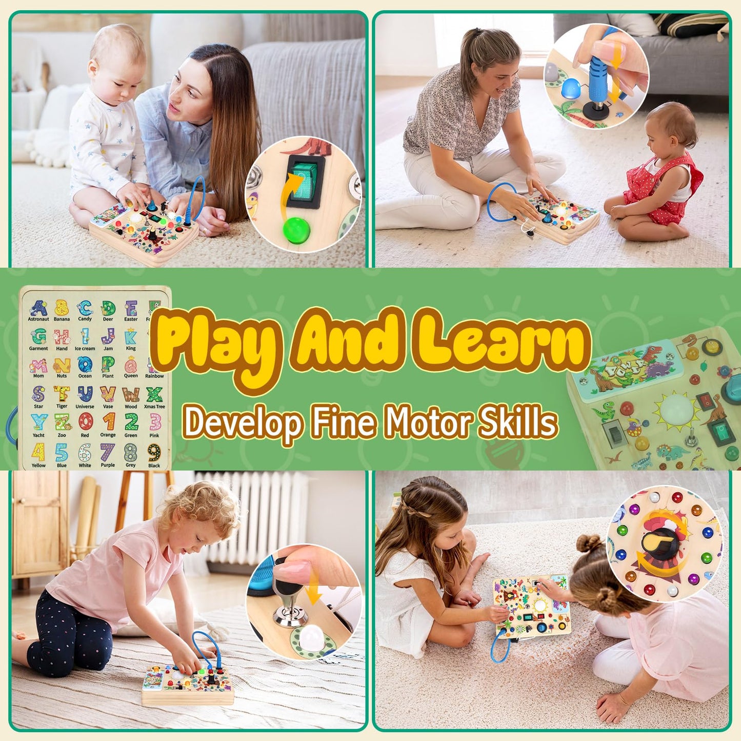 Iabedi Dinosaur Busy Board,Montessori Toys For 1-3 Years Old, Wooden Toddler Toys, Sensory Travel Toys, Ideal Gift For 1+ Year O