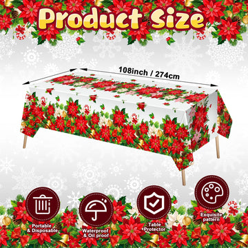 Newwiee 3 Pcs Christmas Poinsettia Tablecloths Red White Flower Plastic Table Covers 54 x 108 Inch Disposable Rectangle Xmas Tab