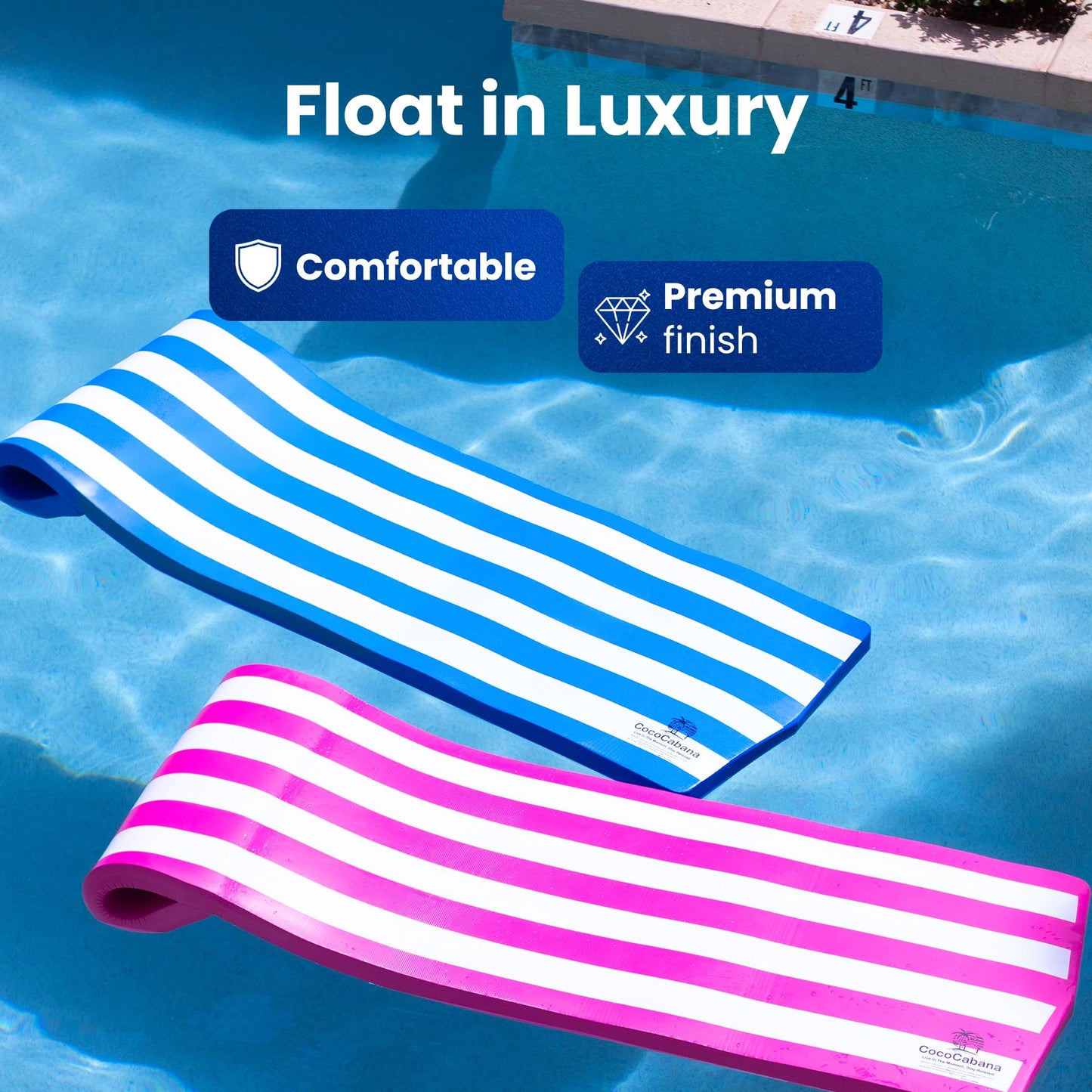 Cococabana 74 Inch Foam Float For Pools & Lakes Vinyl Foam Pool Floats (Pacific Blue Stripe, 2In Thick)