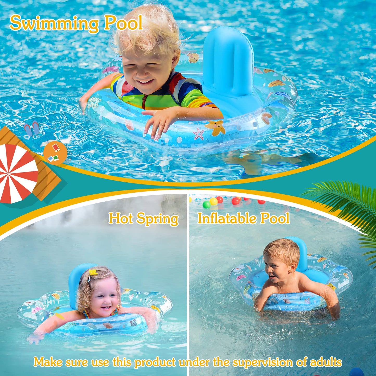 Zooawa Baby Swimming Float, Baby Floats For Pool With Safety Seat, Infant Baby Pool Float No Flip Thicken Swim Training For Baby