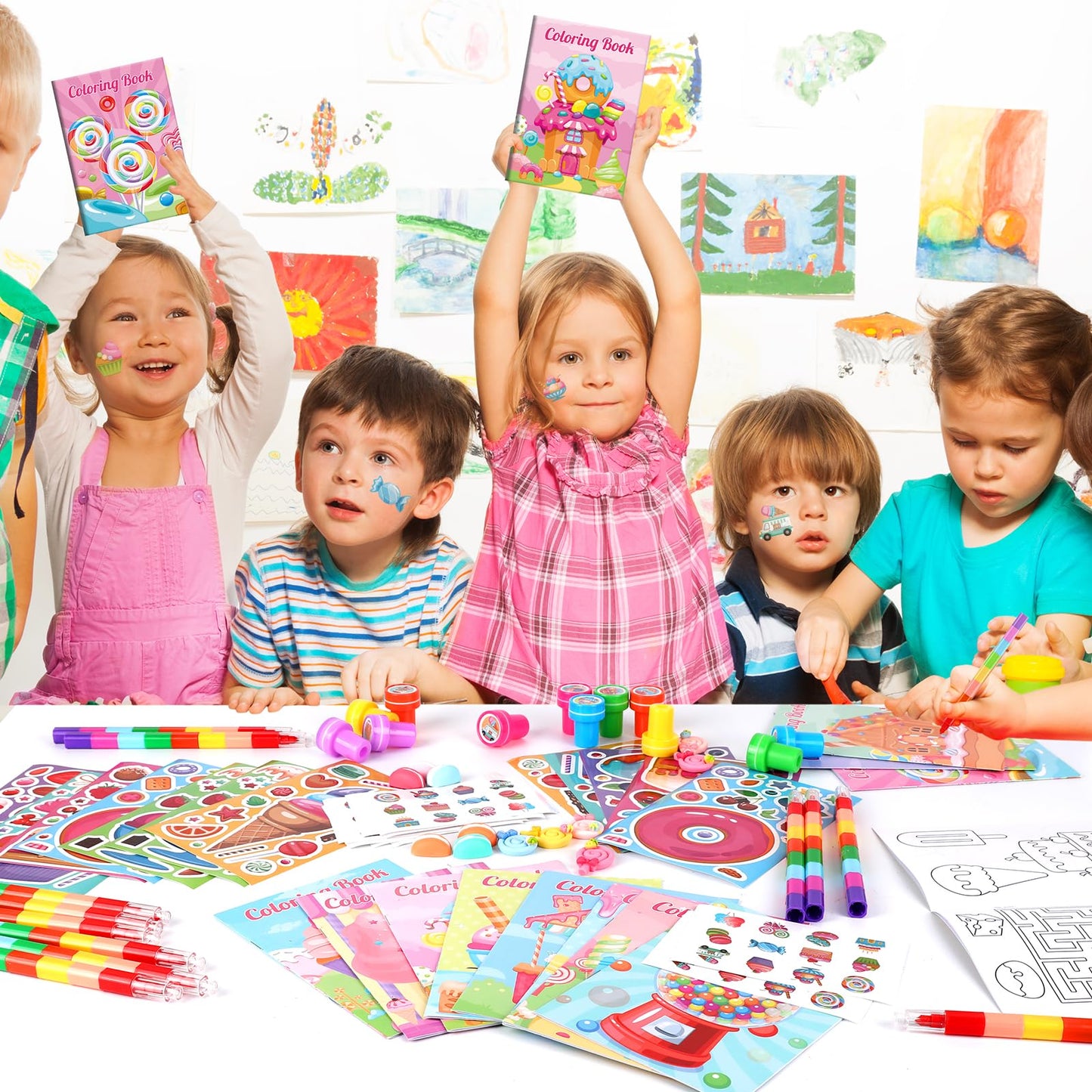 BenLouis 84Pcs Candyland Party Favors Ice Cream Donut Coloring Book Crayon Stickers Set Bulk for Kids Cupcake Lollipop Sweet Tre